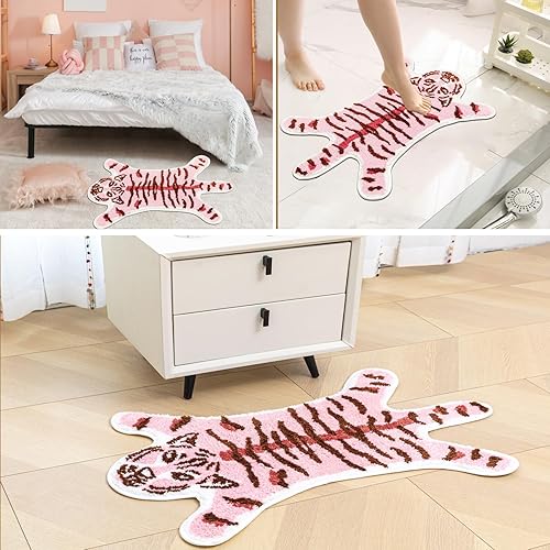 Miniatura 6 de Alfombra de baño de tigre para baño, bonita alfombra de baño de tigre rosa, antideslizante, con forma de animales de dibujos animados, absorbente,