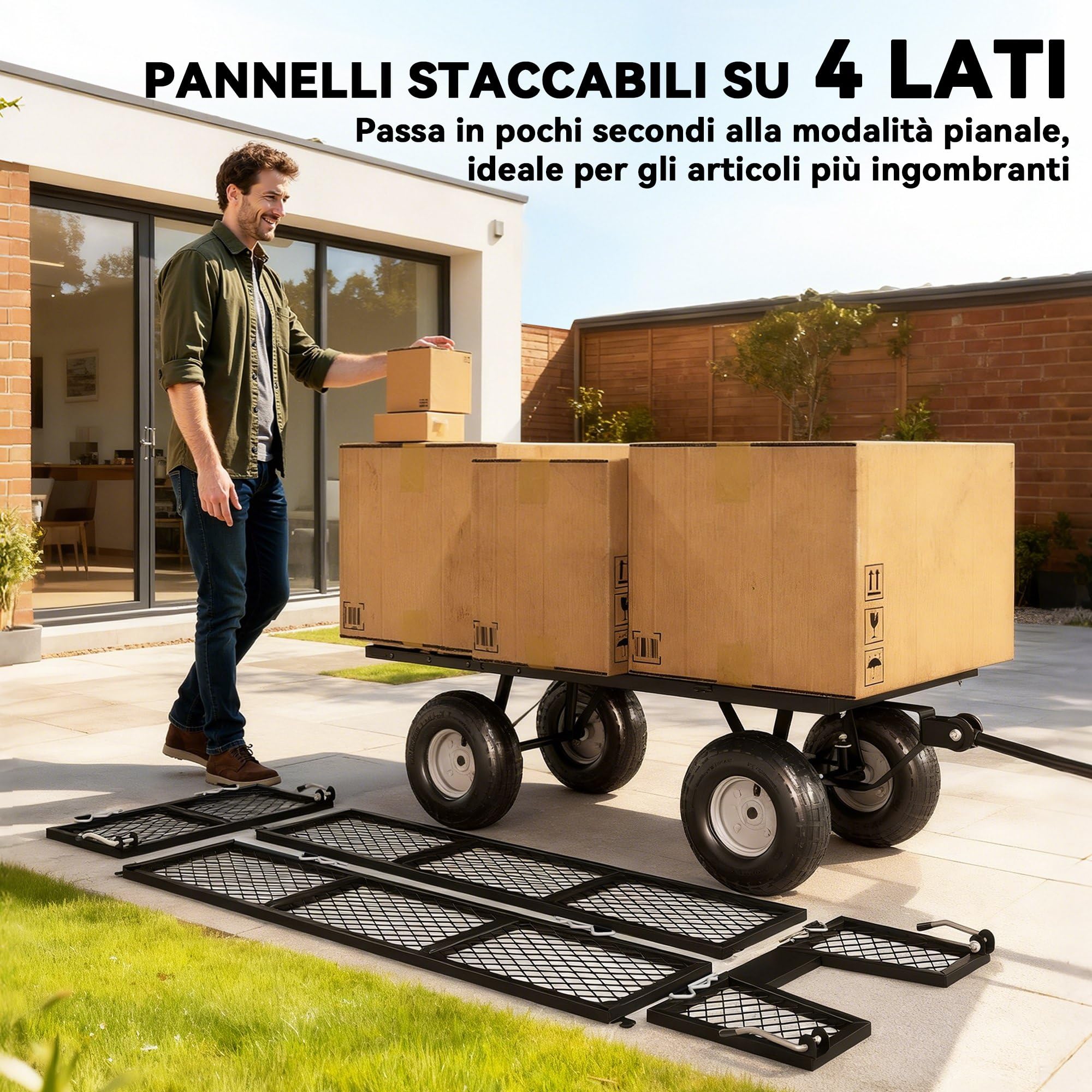 Outsunny Carrello da Giardino da 114L con 4 Ruote Grandi Capacità 200 kg, Carrello Spiaggia in Acciaio con Sacca Portaoggetti, Pareti Laterali Rimovibile e Maniglia Girevole, 105x51x54 cm, Verde