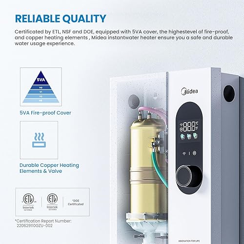 Miniatura 9 de Midea Calentador de agua eléctrico sin tanque de 18KW, control táctil, control Wi-Fi, pantalla LED, modo infantil, 240 voltios con modulación de