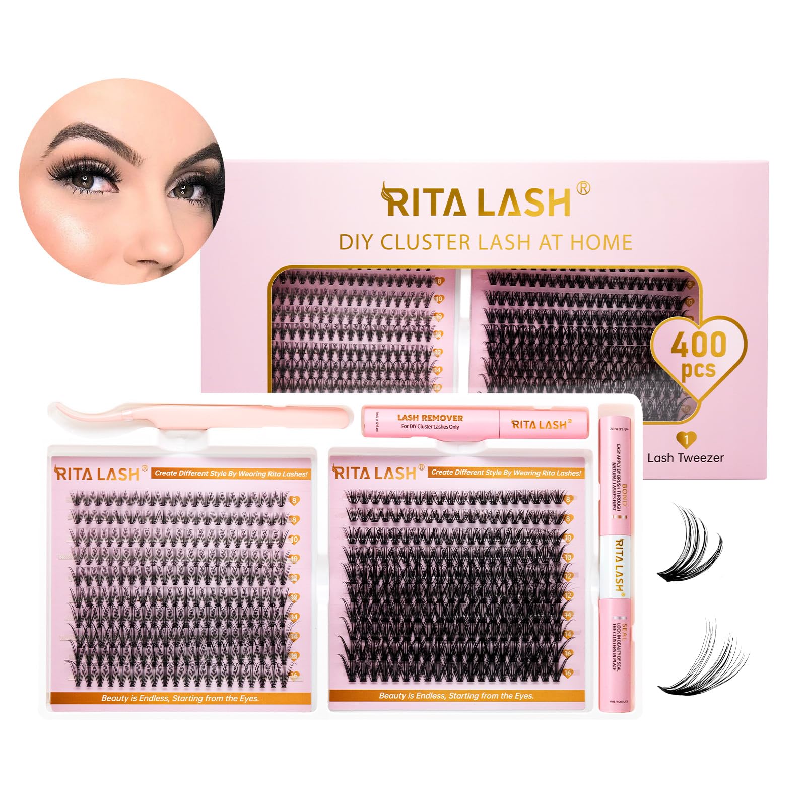 RITALASH Lash Extension Kit 400Pcs,DIY Individual Lashes Clusters Kit,Lash Bond And Seal,Lash Remover For Eyelashes Extensions (20D+40D Cluster Kit)