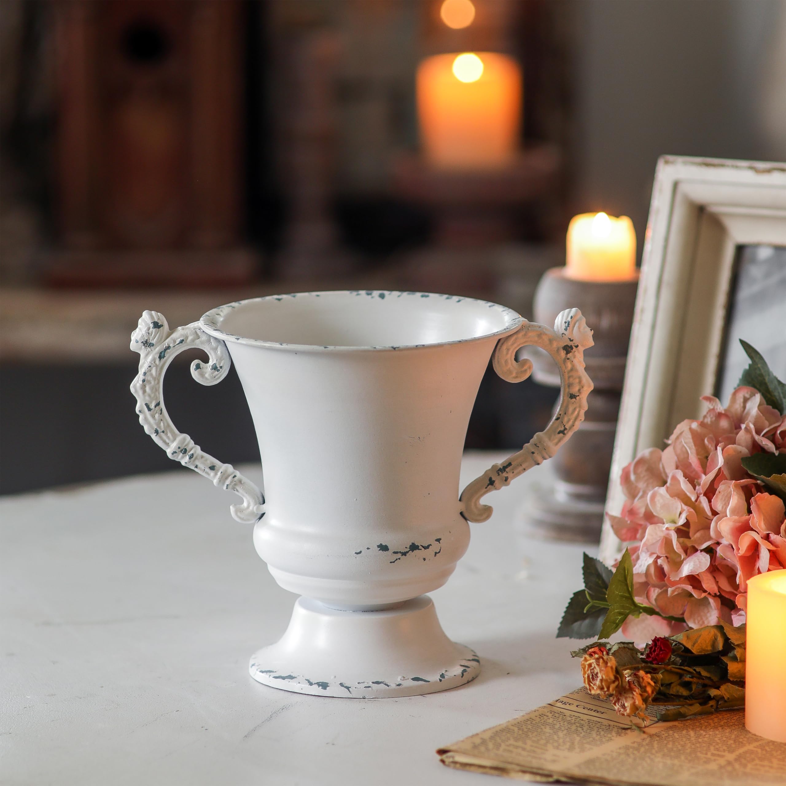 SOFE Distressed White Metal Vase, Decorative Rustic Flower Vase for Wedding Home Decor, 7 Inch Tall Small Urn Planter, Ideal Shelf Decor, Living Room Kitchen Office Table Centerpieces