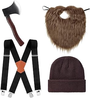 Lumberjack Costume Halloween Accessories Set Include Fake Axe Fake Beard Beanie Suspender for Men Women Cosplay