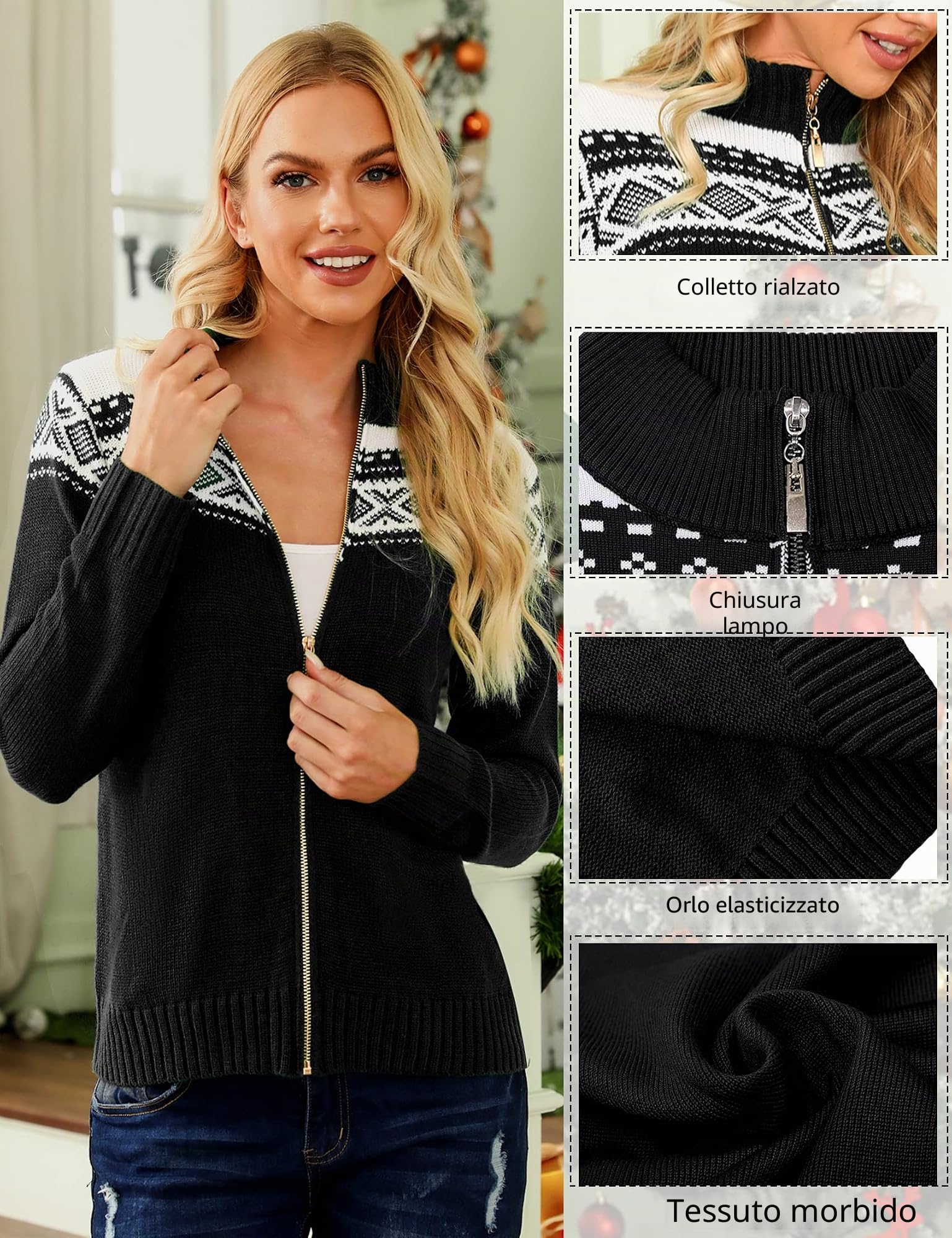 Sykooria Cardigan Donna con Zip Maglione Stampa di Natale Cerniera Giacca in Maglia Golfino a Maniche Lunghe Maglioni Aperta Casual S-XXL
