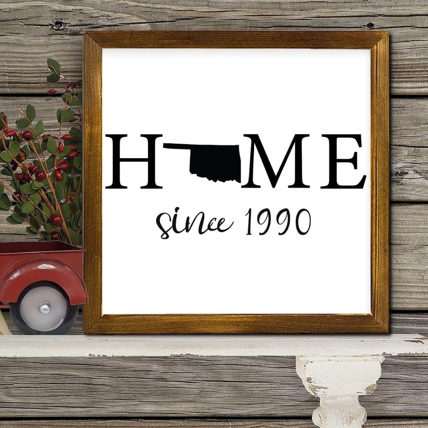 Oklahoma Home Since 1990 Framed Wooden Signs Quote Saying Positive Wall Plaque Rustic Wood Hanging Wall Art Decorative for Grandpa Papa Dad Boyfriend Teacher 12x12 Inch