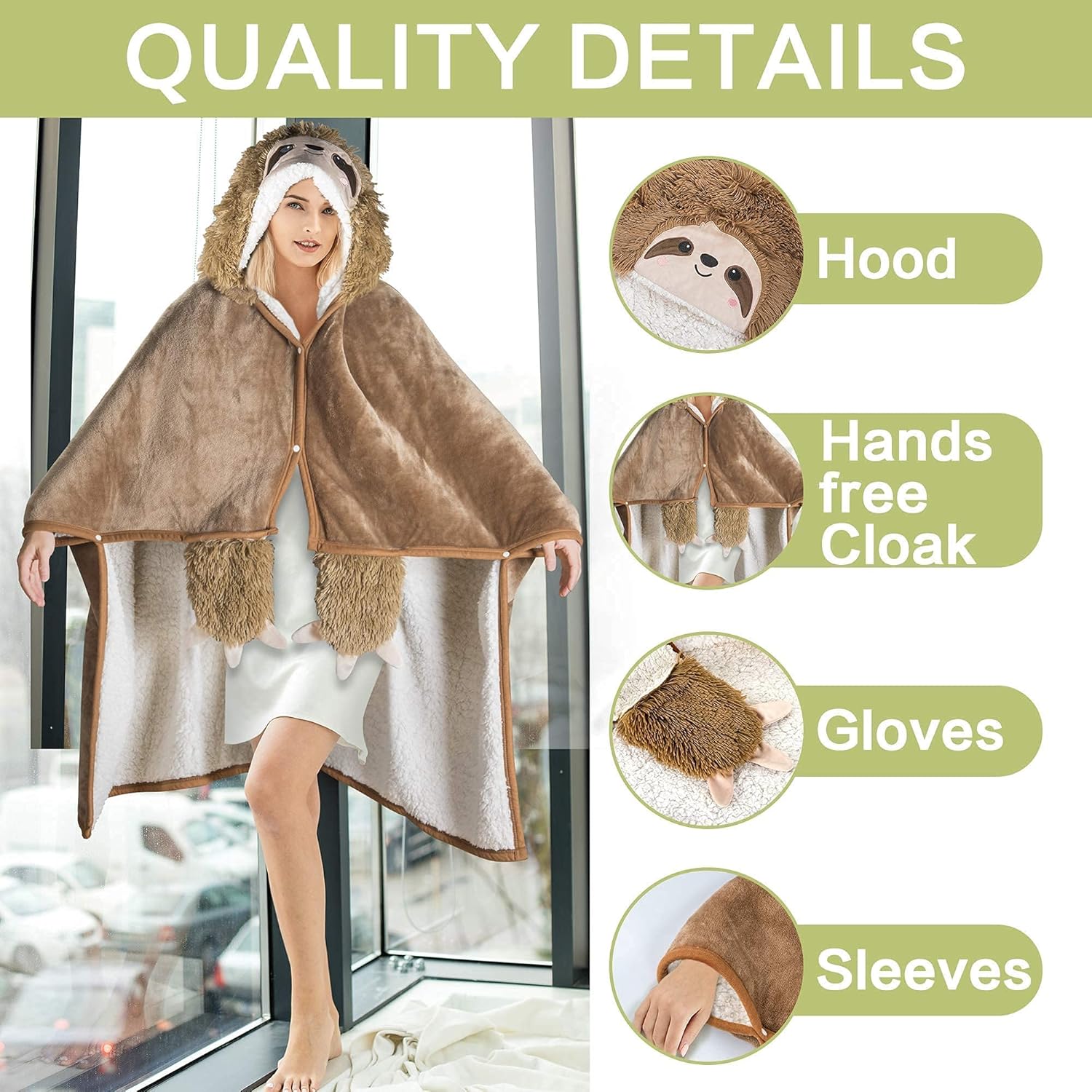 Sloth Wearable Hooded Blanket for Adults - Super Soft Warm Cozy Plush Flannel Fleece & Sherpa Hoodie Throw Cloak Wrap - Sloth Gifts for Women Adults and Kids - Image 4