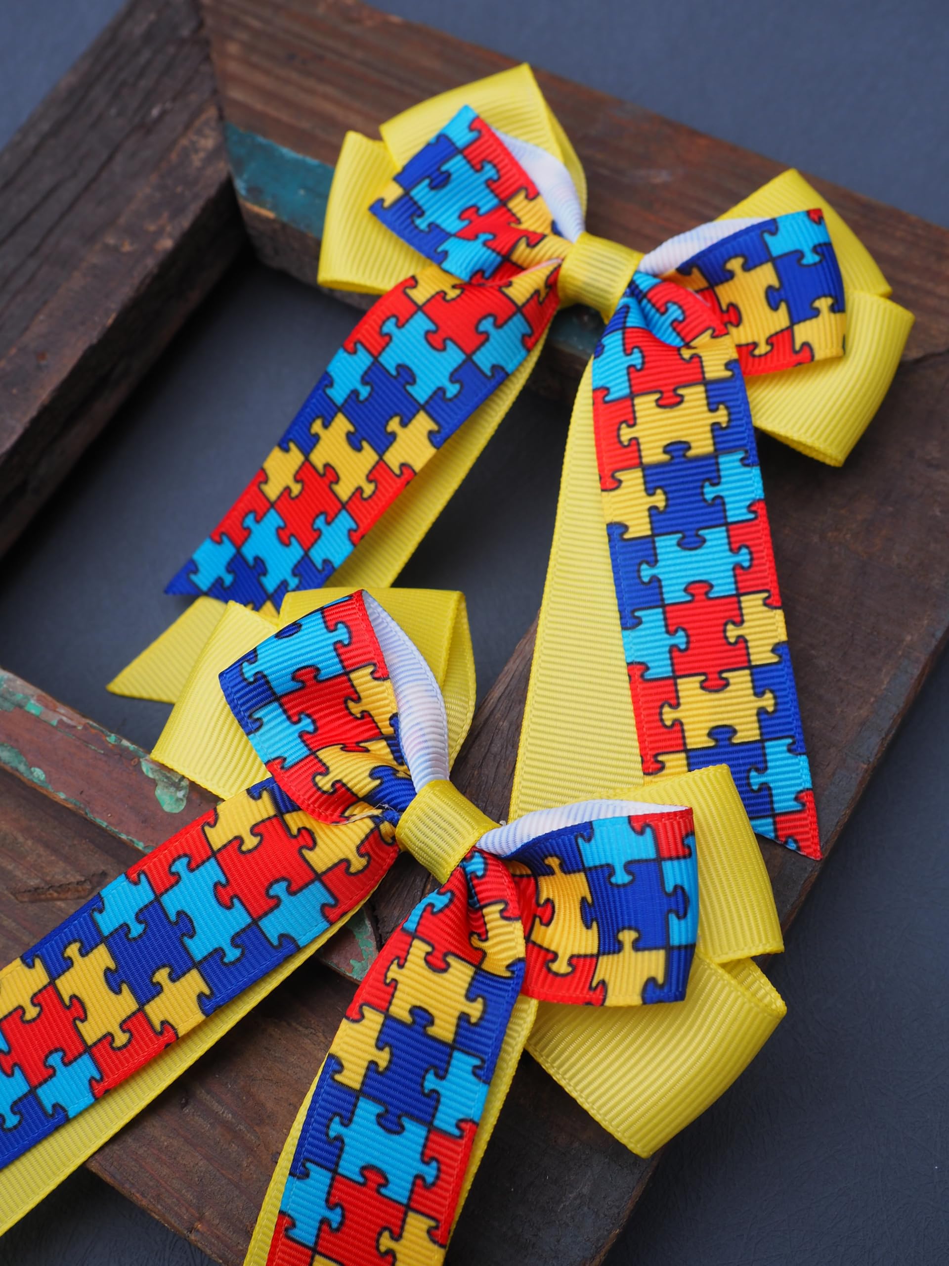 MeiMei Awareness Puzzle Pieces Jigsaw Hair Bow 3.5 * 5.5 Inch Hair Bow, Slider Barrette, Alligator Hair Clip, Handmade Grils Women Hair Accessories, 1 Piece (Puzzle, Cheerleading25, Clip) - Image 4