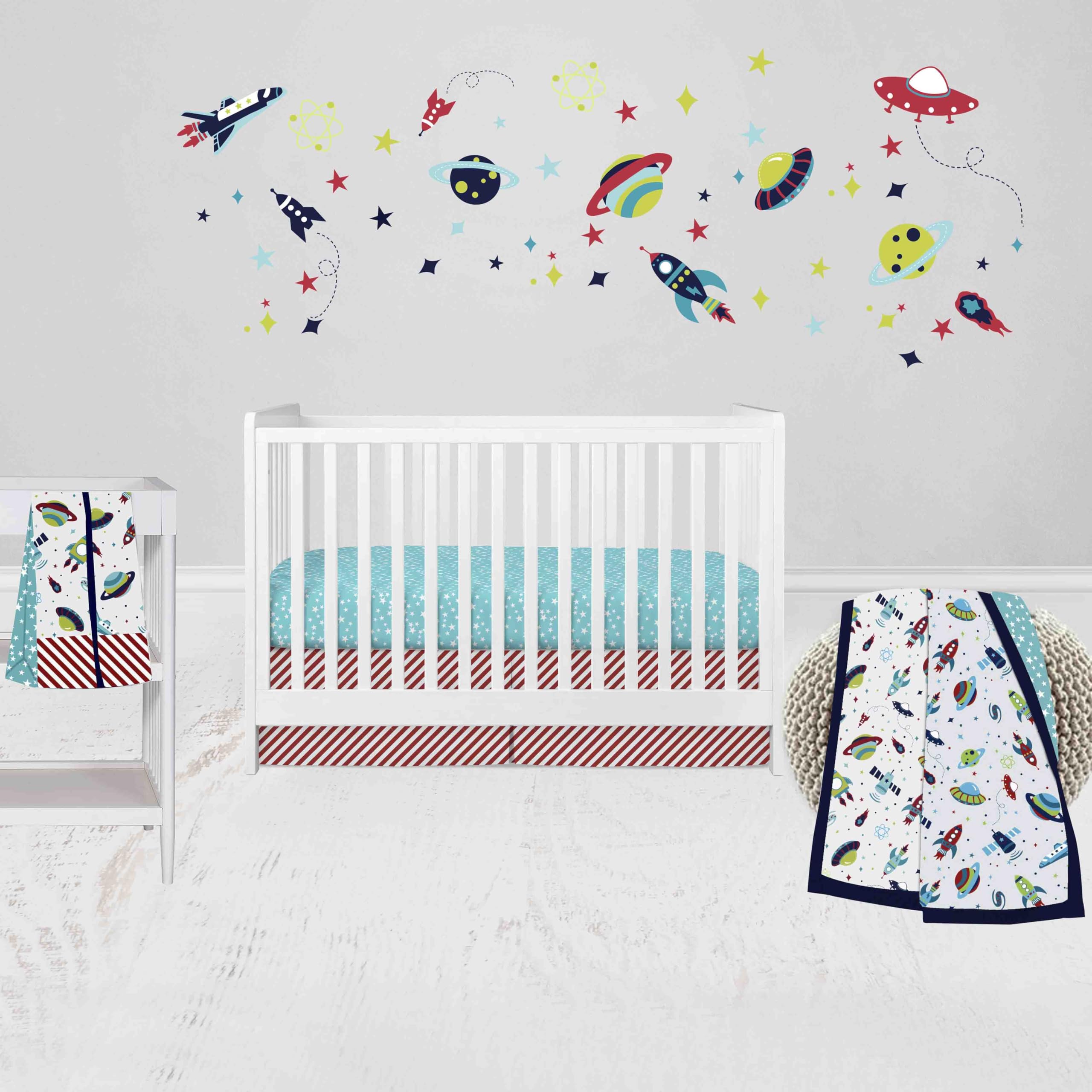 Bacati - Airspace Aqua Navy Green Red 4 Piece Crib Bedding Set with Diaper Caddy