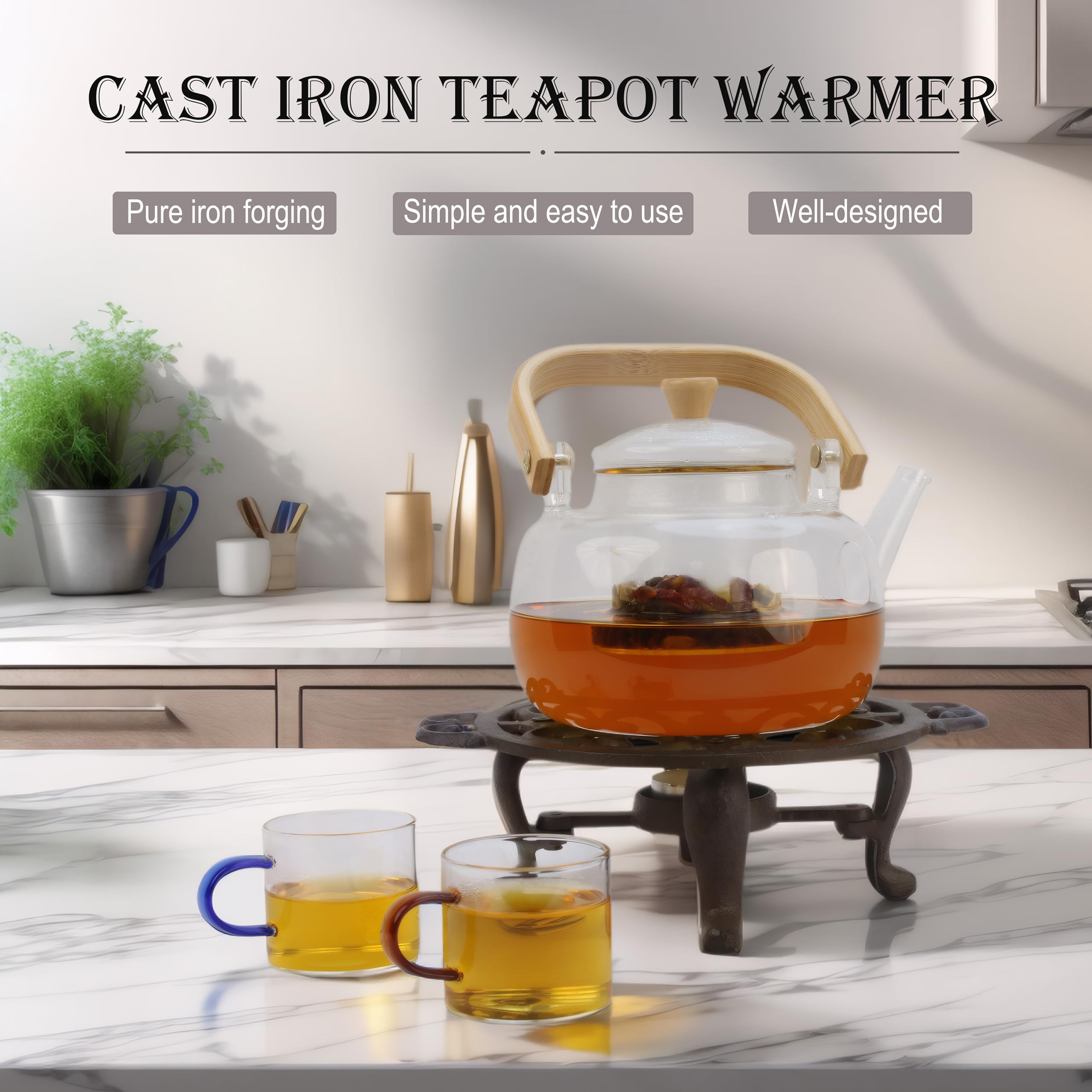 Calentador de tetera de hierro fundido, calentador de tetera duradero con soporte para velas para alimentos, café, té y más, elegante olla de hierro fundido para el hogar o el escritorio