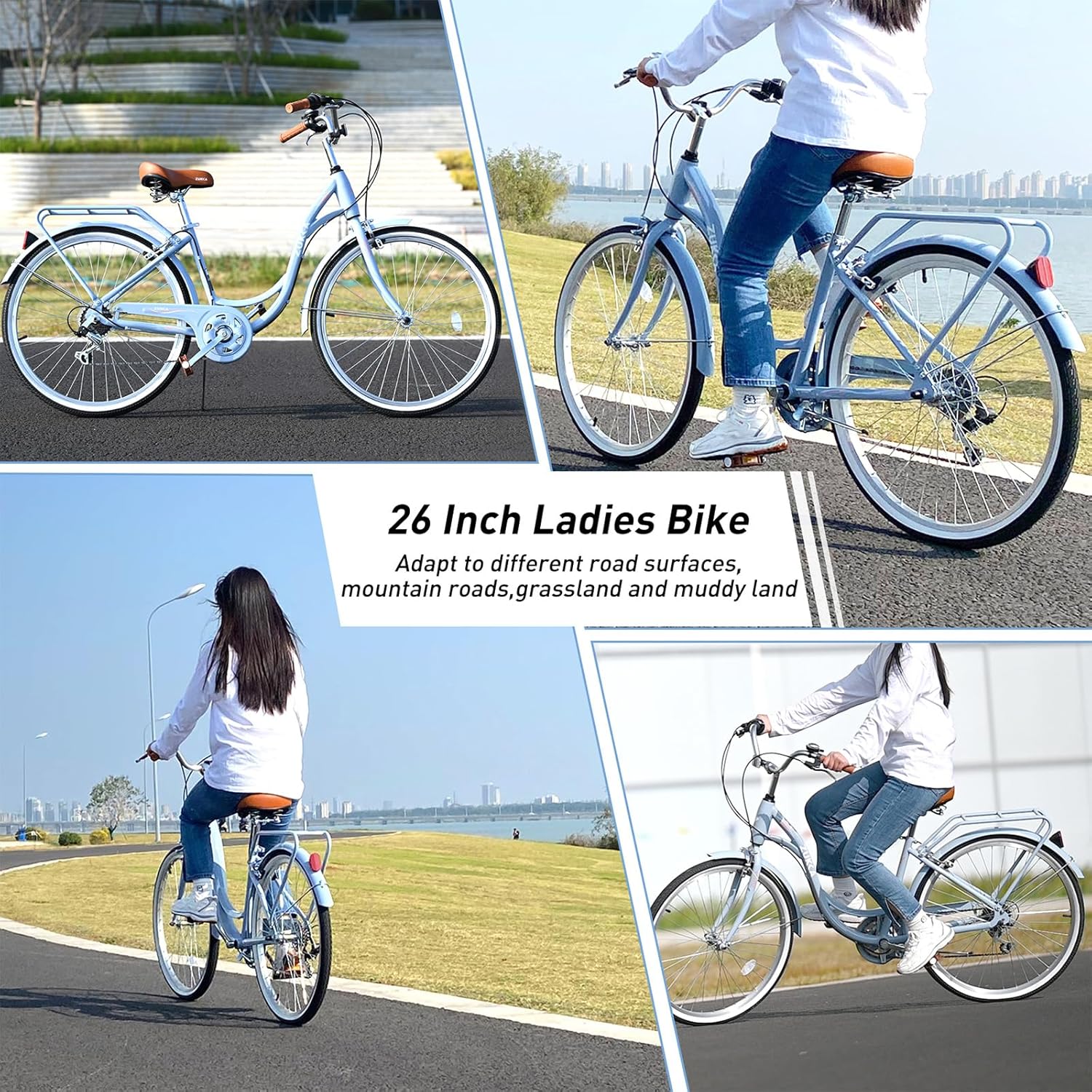 26-Inch Beach Cruiser Bike, Lightweight Hybrid with Adjustable Seat, 7-Speed Commuter, Anti-Skid Tires, V-Brakes - Stylish Multi