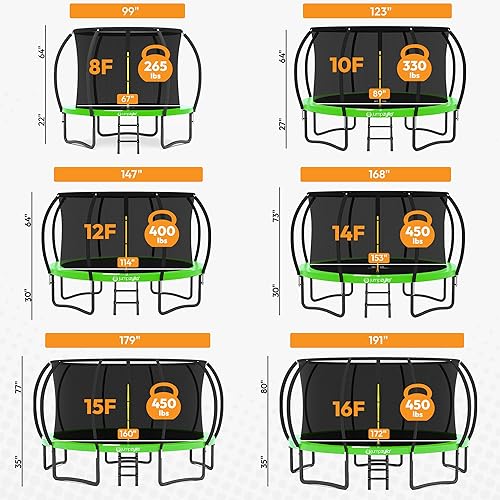 Miniatura 8 de Jumpzylla - Cama elástica recreativa para niños, con red de seguridad, escalera y revestimiento antioxidante, de 8, 10, 12, 14, 15 y 16 pies, para
