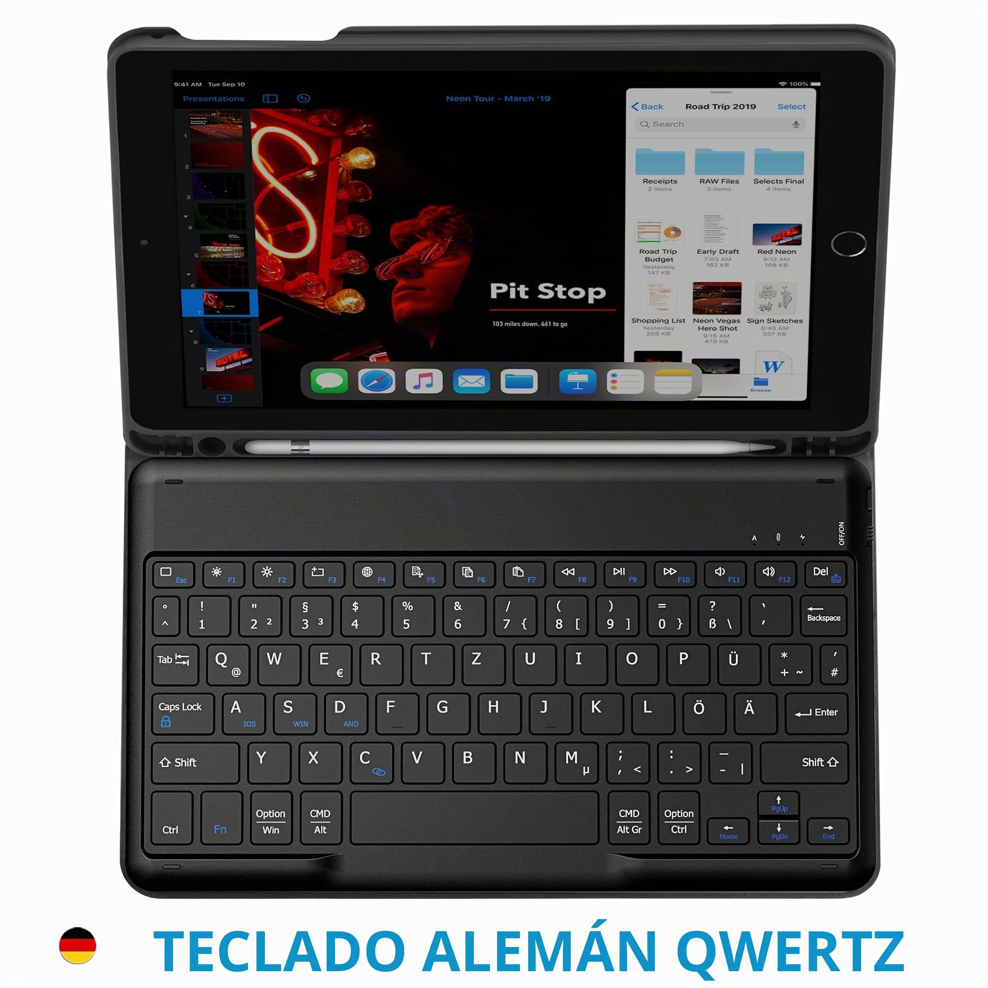 EasyAcc Funda con Teclado Compatible con iPad de 6ª generación 2018/5ª generación 2017, iPad Air 2 y 1, inalámbrico Bluetooth QWERTZ alemán con Soporte para bolígrafo, Color Negro