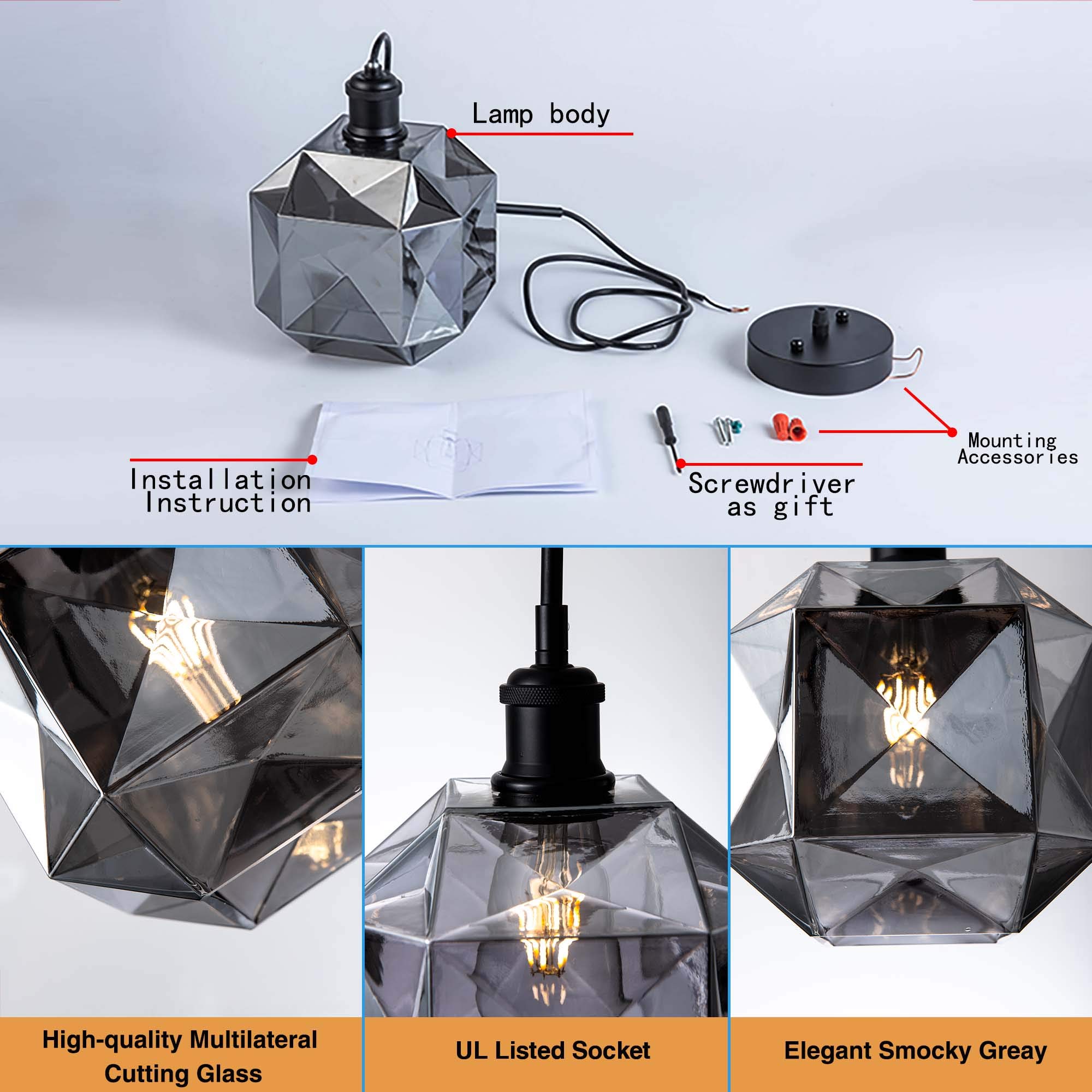 Buy Modern Pendant Light Adjustable Black Pendant Light with Smoky Gray