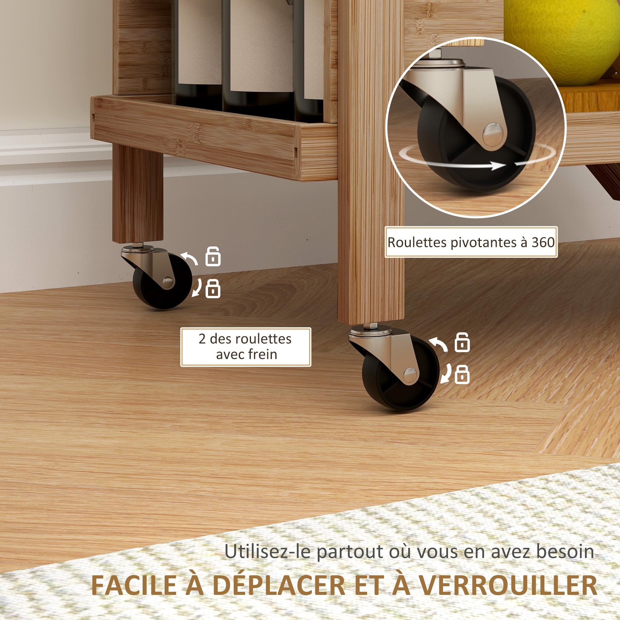 HOMCOM Desserte de Cuisine en Bambou, Chariot de Service Pliable, avec 2 Plateaux, 4 Roues, 3 casiers à vin, 66 x 40 x 70 cm, Bois Naturel