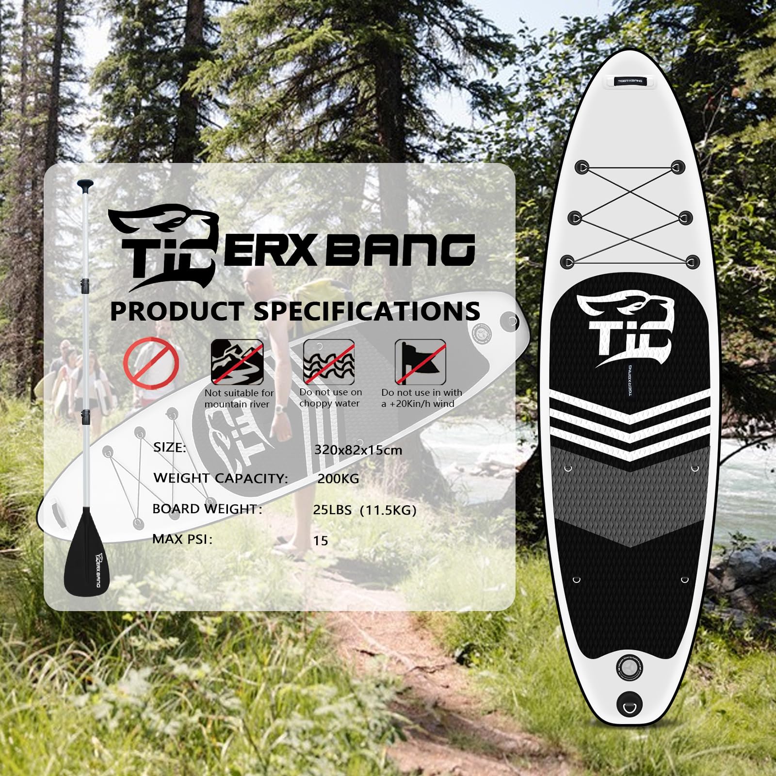 Tigerxbang Tavola SUP Board Stand Up Paddling Board, Tavola da Surf Board Gonfiabile| 320x80x15cm | 305x82x15cm| - ISUP Accessori Completi