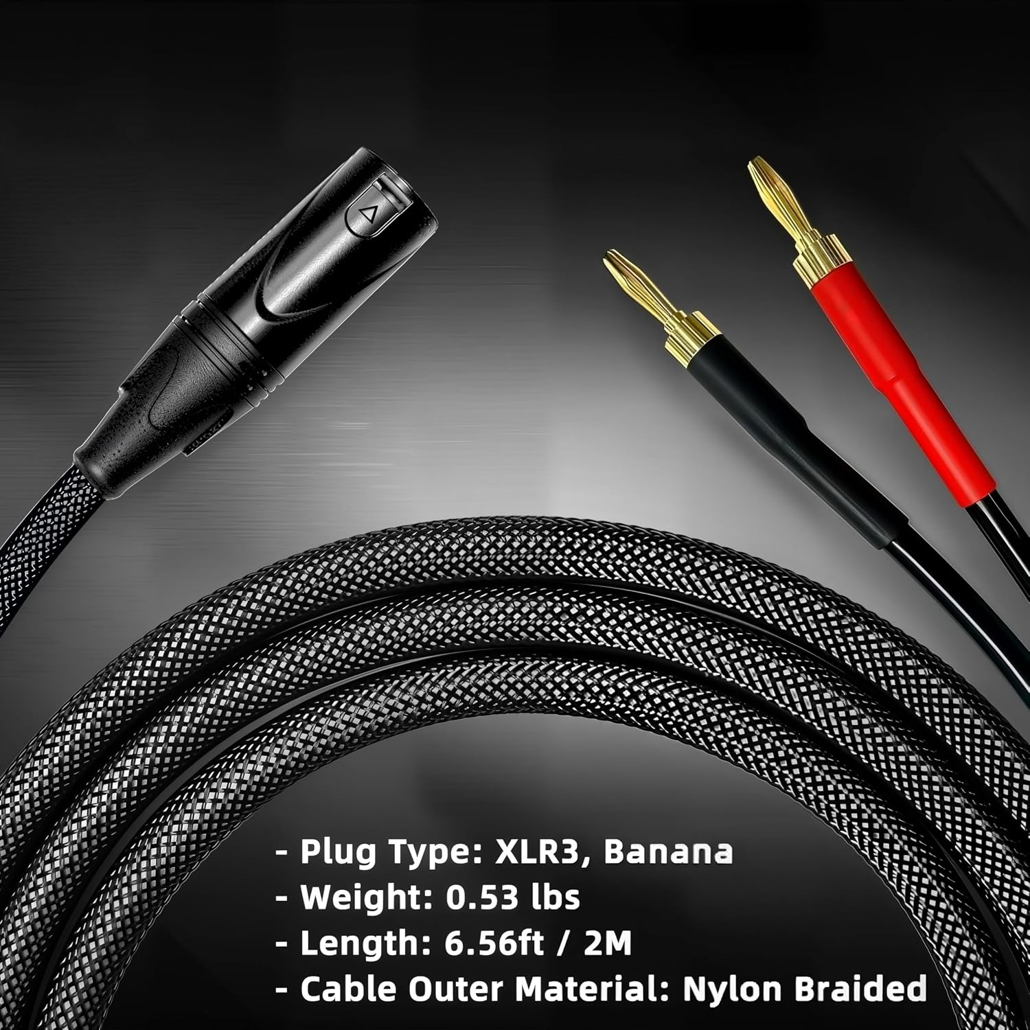 1 Pack 6.56FT XLR to Banana Speaker Cable, Male to 2 Male Plugs XLR Cable, OFC 12AWG Wire, Heavy Duty Nylon Braided Cover, for Banana to Speaker Power Amplifier(Black/2M)