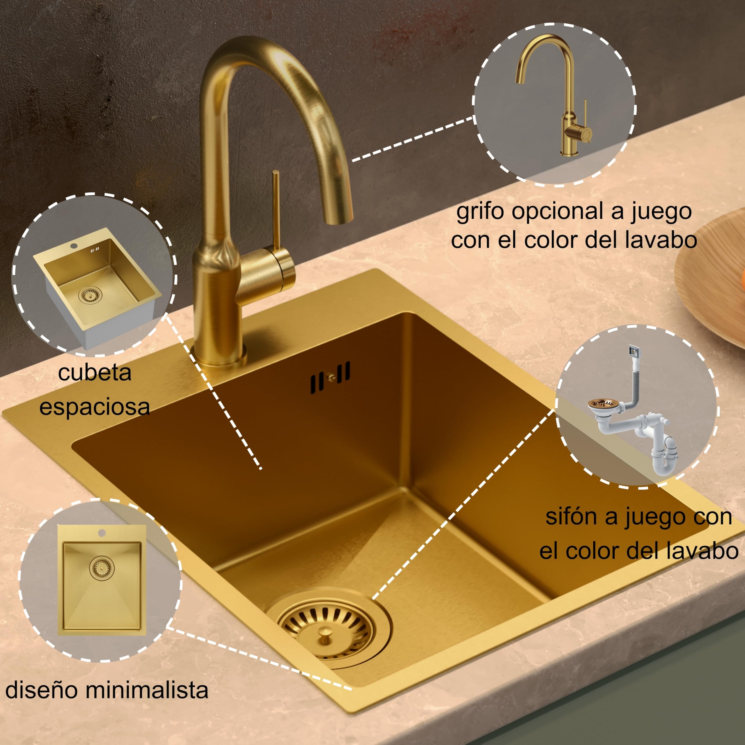 QUADRON fregadero plata | tamaño 40 x 50 cm | fregadero de un seno RUSSEL 90 fregadero de cocina de un seno con cámara de acero fregadero de acero inoxidable | con sifón y tapón de rosca