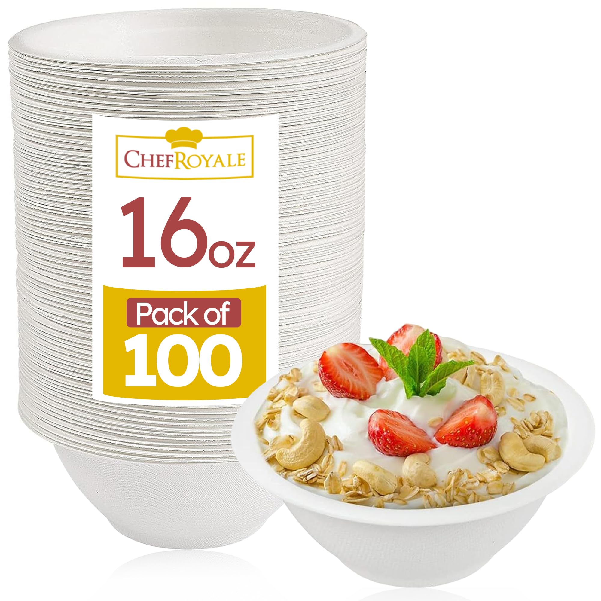 100 Pack Strong Paper Bowls – 470ml/16oz Disposable Sugarcane Bagasse Bowls for Party – Eco-Friendly Microwavable Soup Bowl for Dessert Milk Salad Cereals – Perfect for Birthdays Christmas Wedding