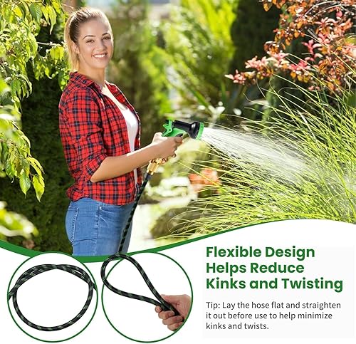 Miniatura 7 de Manguera de jardín flexible y ligera de 100 pies, manguera de agua no expandible con boquilla rociadora de 10 funciones para patio, exteriores,