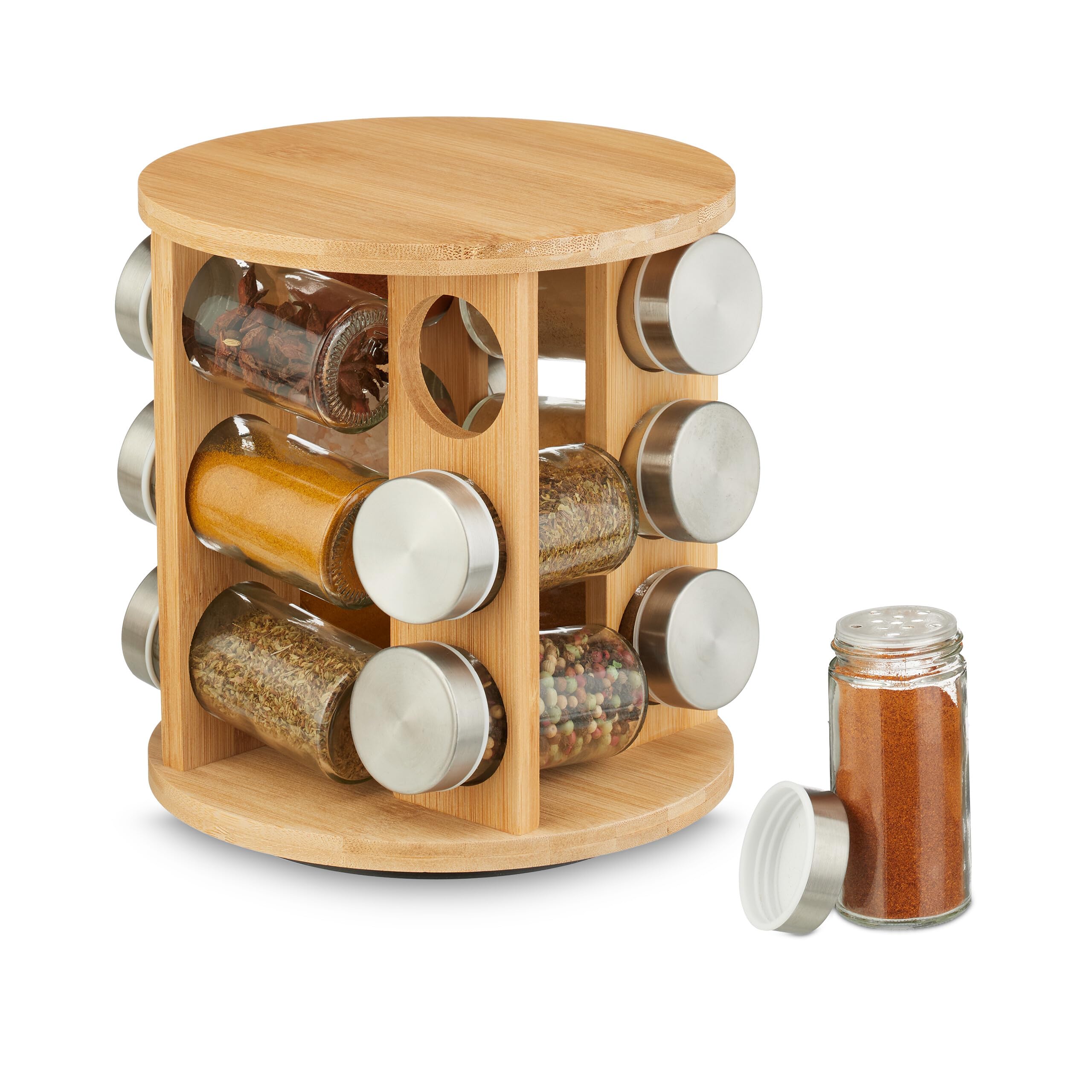 Relaxdays Spice Rack, 12 Jars, 360° Rotating Carousel Stand, HxD 21 x 21 cm, Bamboo, for Herbs & Seasoning, Natural, Stainless Steel, Glass