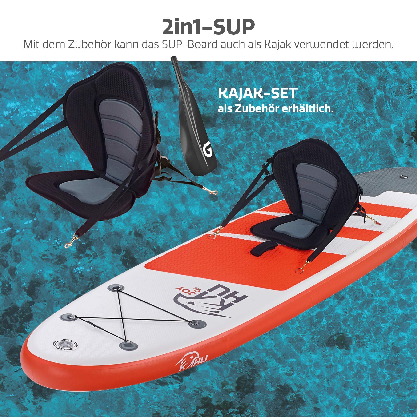 KAHU® Joy 9’8’’ Stand up Paddling Board – aufblasbares iSUP Board komplett Set inkl. Alu-Paddel und Pumpe - Allroundboard für Einsteiger – 15cm Dick – 120kg Traglast – Kajak Sitz als Zubehör – Orange