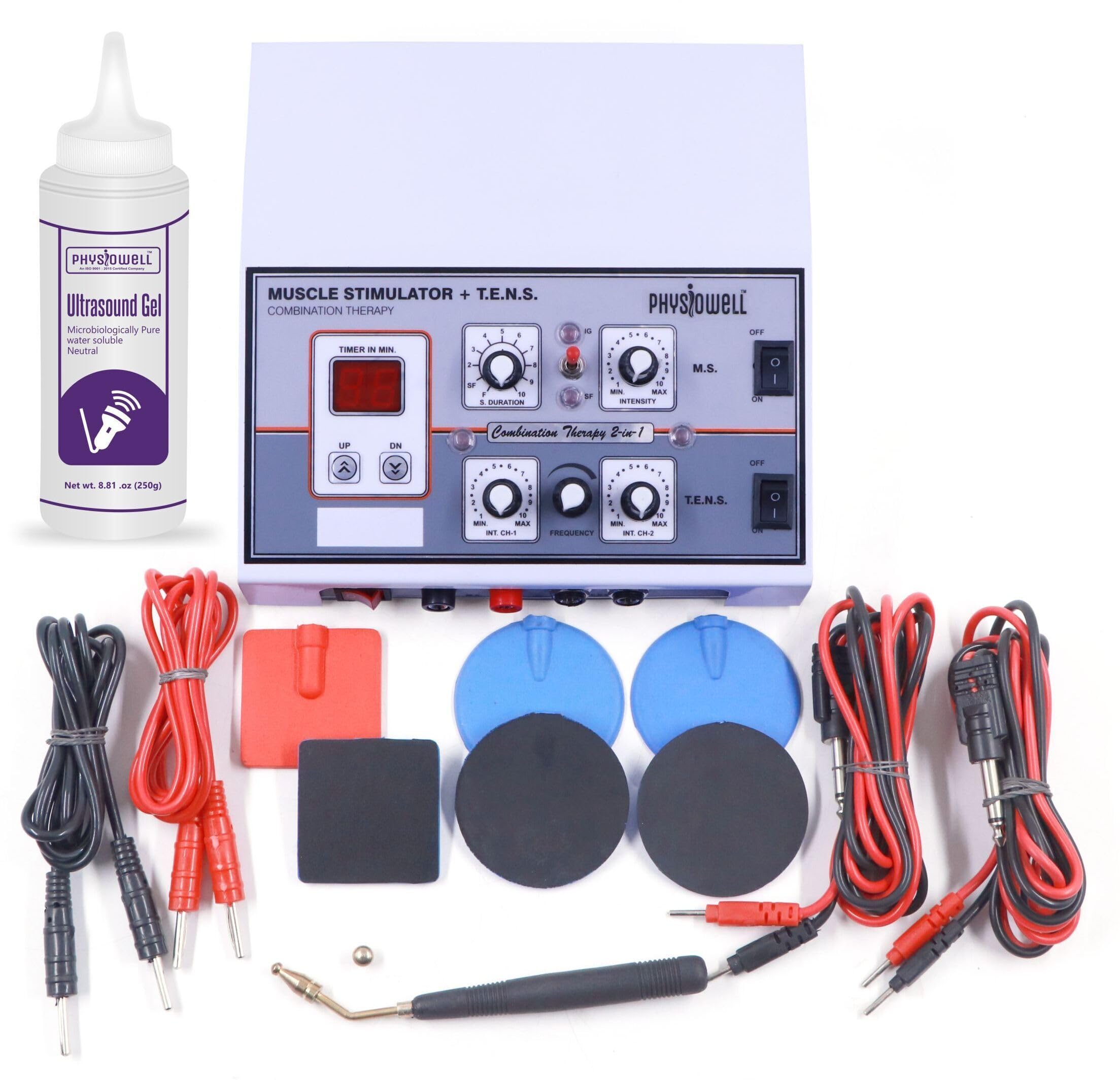 Physiotrack MS + TENS Physiotherapy Combination Therapy Unit | Muscle Stimulator & Pain Relief Machine with Timer & Intensity Control | Includes Pads, Wires, Probe & Gel