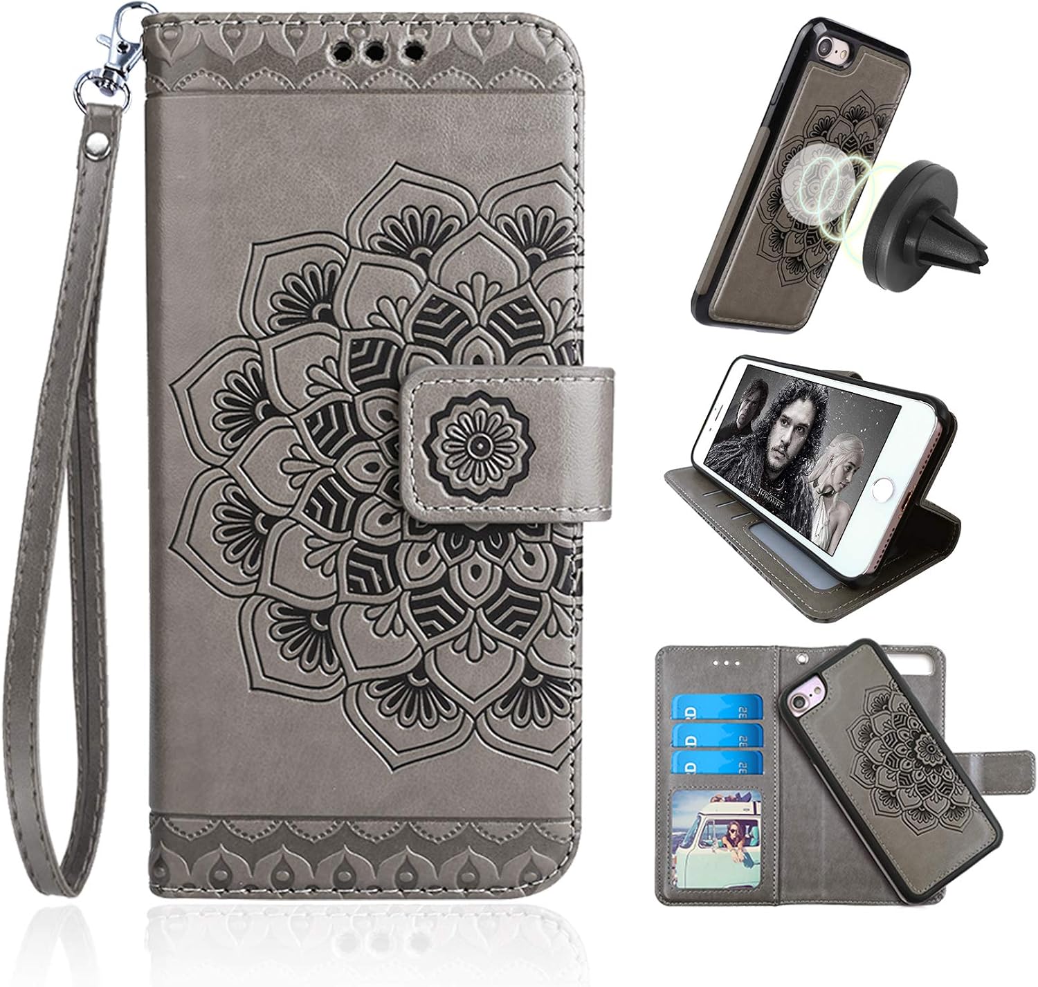 CASEOWL iPhone 8/7/SE 2nd Case Wallet,Mandala Flower Embossed Upgrade Version Lanyard Wallet Case for iPhone 7/8/SE 2nd,Magnetic Detachable,RFID Protection,Fit Car Mount,H/V Stands,Card Slots[Gray]