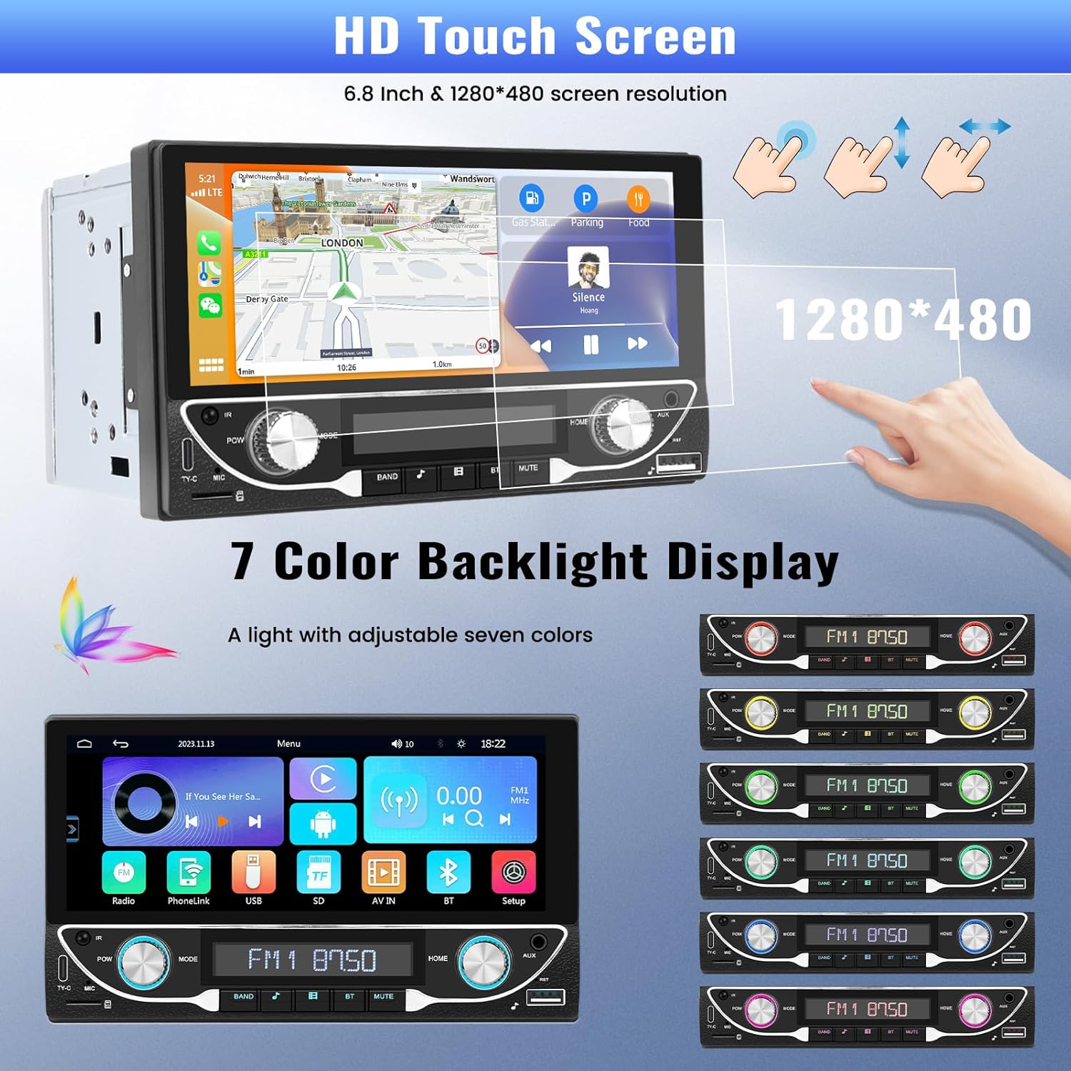 Image showing the 6.86-inch HD touchscreen display and options for 7-color backlight customization.