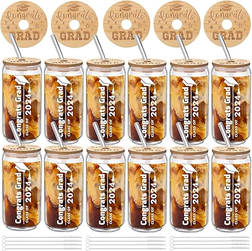12 vasos de vidrio con tapas de bambú y popote de vidrio para ella y él, regalos de graduación de graduación de maestría universitaria, 16 onzas,