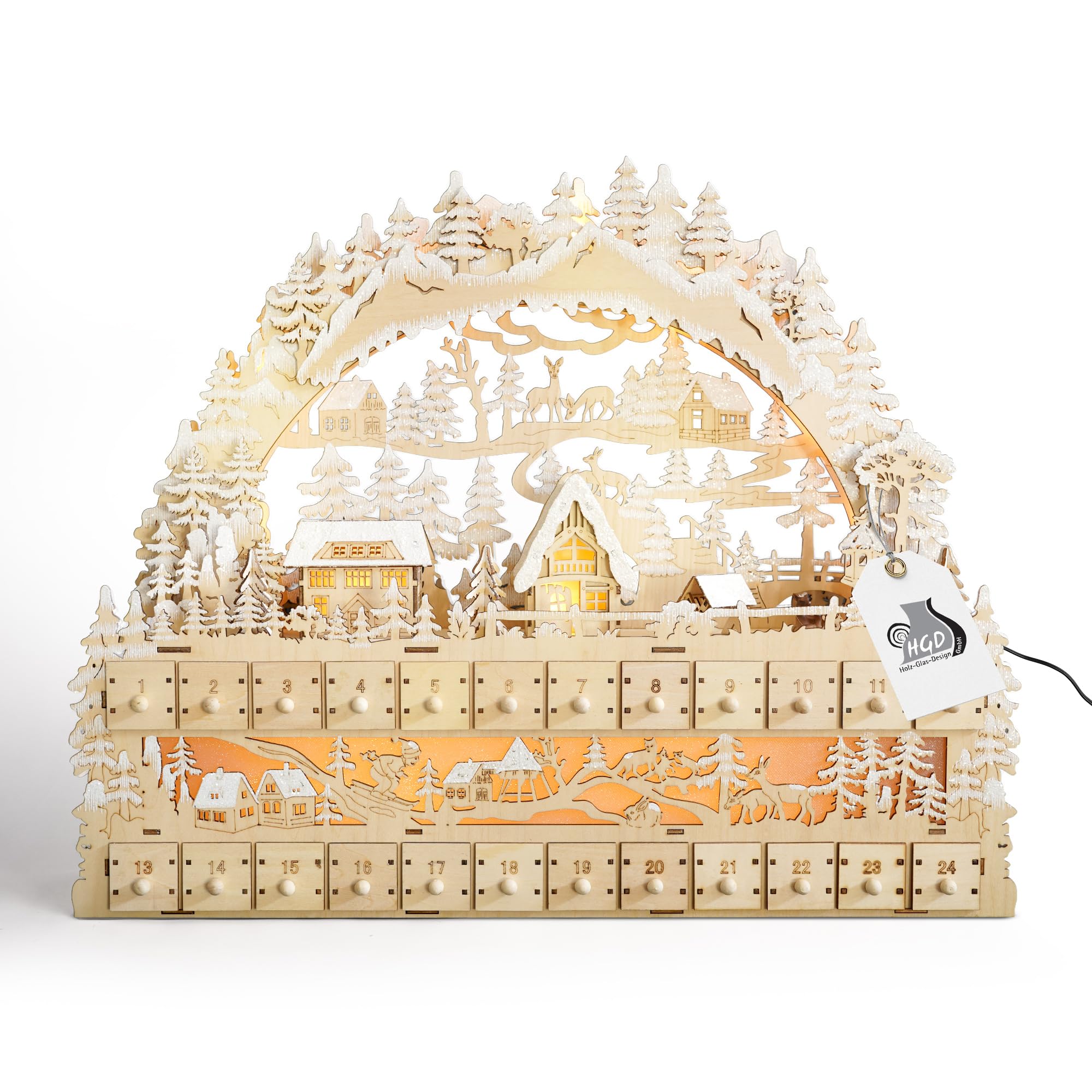 HGD - LED XL-Lichterbogen mit Adventskalender - Weihnachtsdeko aus Holz mit Timerfunktion - Weihnachtskalender zum Befüllen, 24 Schubladen für kleine Überraschungen, Geschenkidee - 58 x 48 x 13 cm