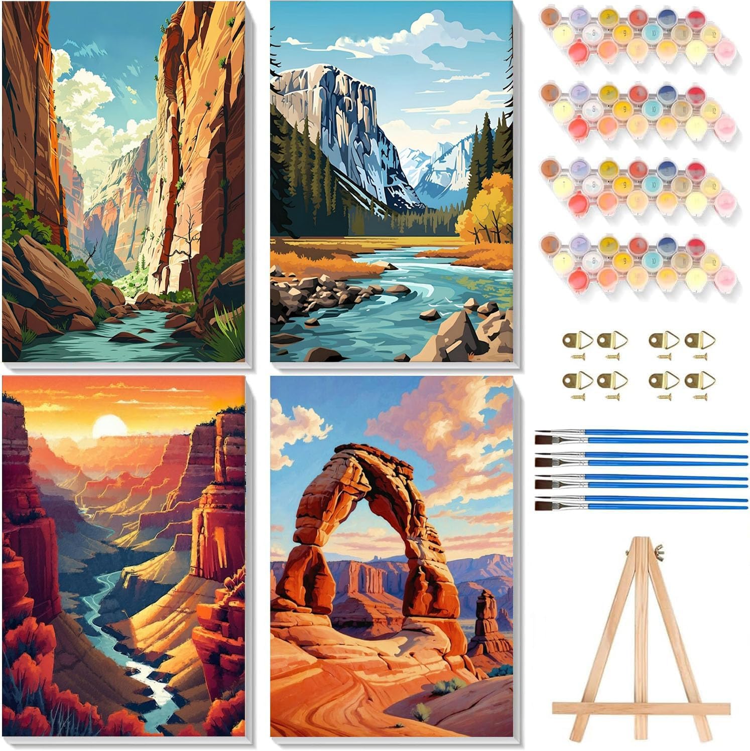 4 Pack Framed Paint by Numbers Kit for Adults Beginners-National Park Adult Paint by Number Kits on Canvas Framed,Landscape DIY Acrylic Oil Painting by Numbers for Adults for Gift Home Decor(8x12inch)