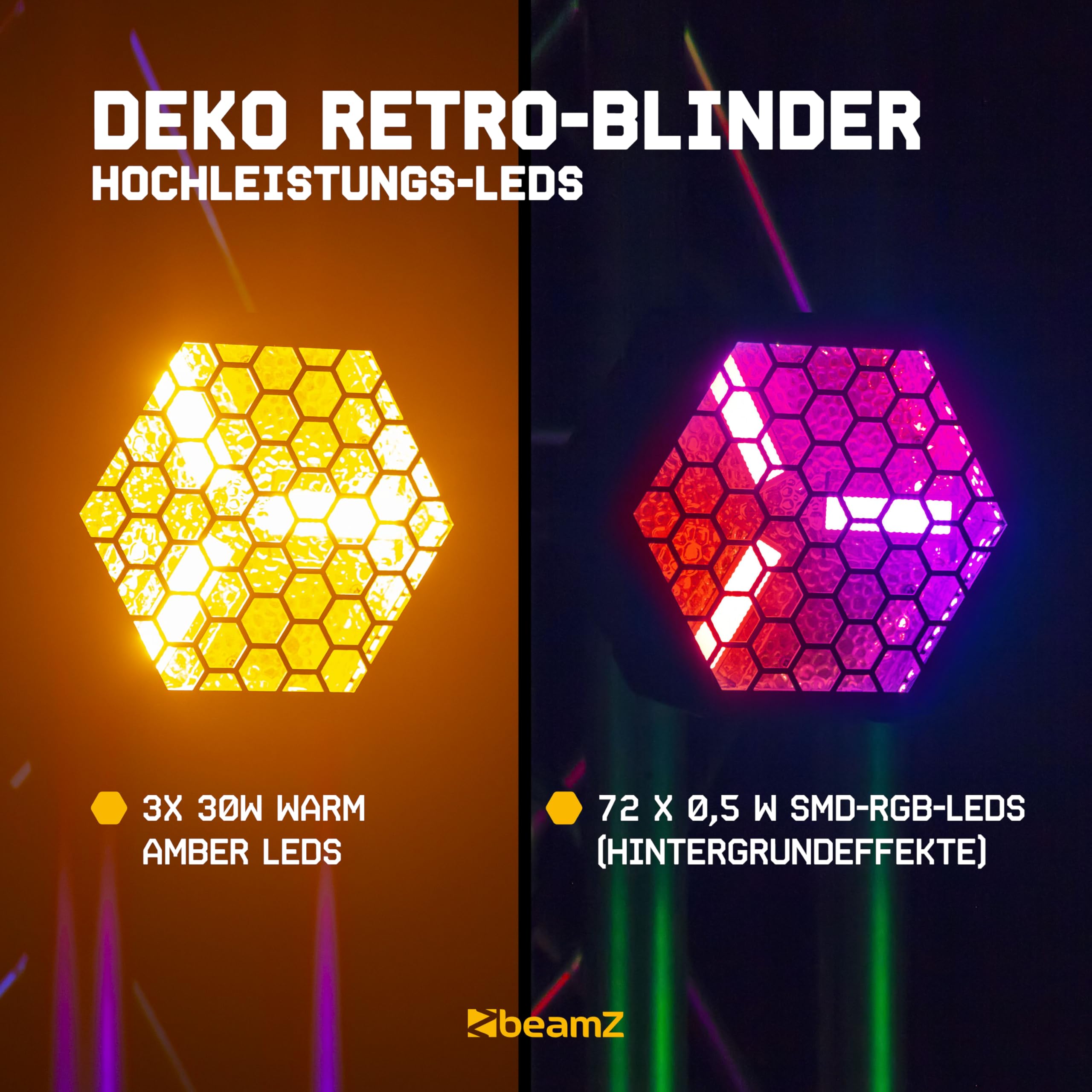 BeamZ RB90 6er Set Retro Stage Blinder 3 x 30 Watt LED Effektstrahler DMX Licht, 3-in-1 Bühnenlicht Deko DJ Lichtanlage Party, Lichtorgel Warmweiß, 72x RGB-SMD-LEDs, Stroboskop, Disco Beleuchtung