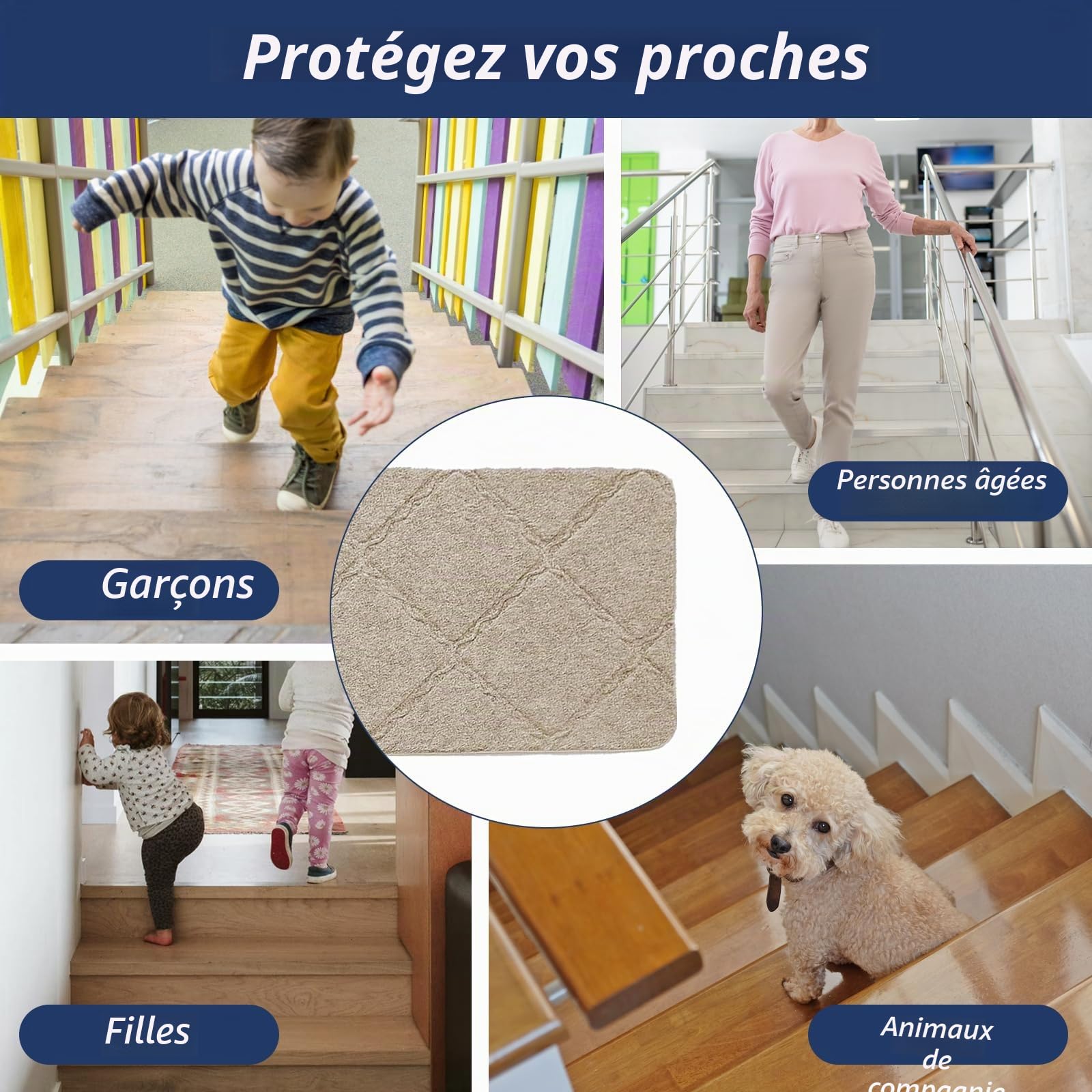 Bocguy Lot de 15 Tapis d'Escalier Antidérapant, 55 x 19 cm Marchettes d'Escalier Autocollantes Intérieur, Découpables, Réutilisables pour Protéger Les Escaliers