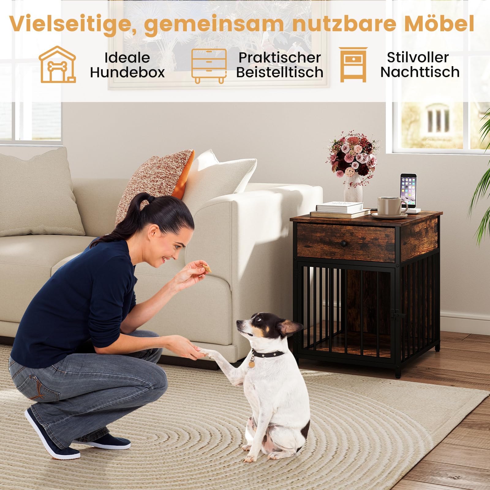 GOPLUS Hundekäfig Möbel, 60 cm Hundebox für zuhause, Hundehütte Metal für Haustiere mit Ladestation, abschließbare Tür, Indoor-Haus für kleine und mittelgroße Hunde, für Schlafzimmer & Badezimmer