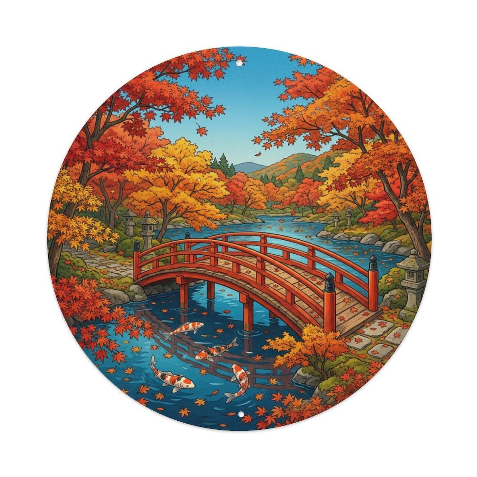 Galvaxio Style Japanese Arched Bridge Koi Fish Autumn Colors Metal Tin Sign