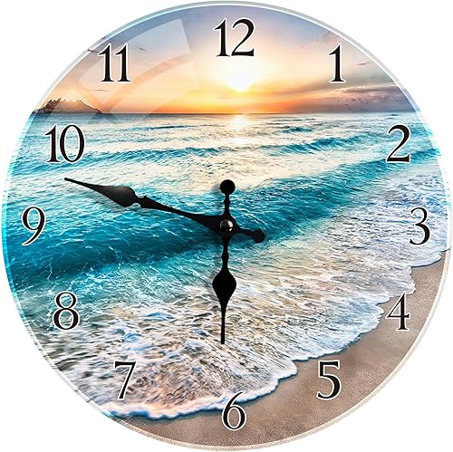 Britimes Reloj de pared redondo, silencioso, sin tictac, funciona con pilas, reloj de cristal impermeable para exteriores, 12 pulgadas, playa,