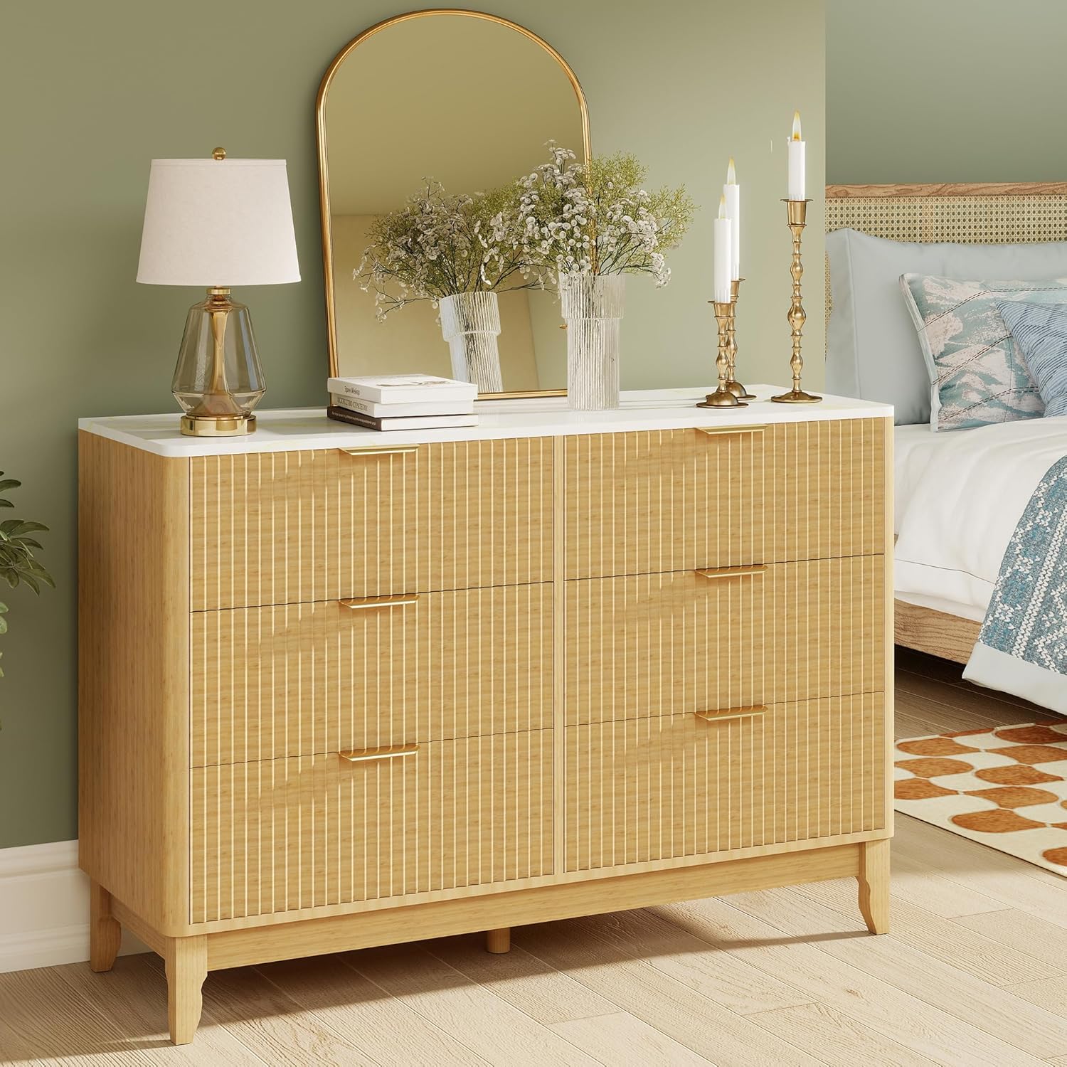 Wood Dresser for Bedroom, 47" Mid-Century Modern 6 Drawers Dresser with Marble White Top, Fluted Panel, Smooth Curve for Hallway, Natural Wood