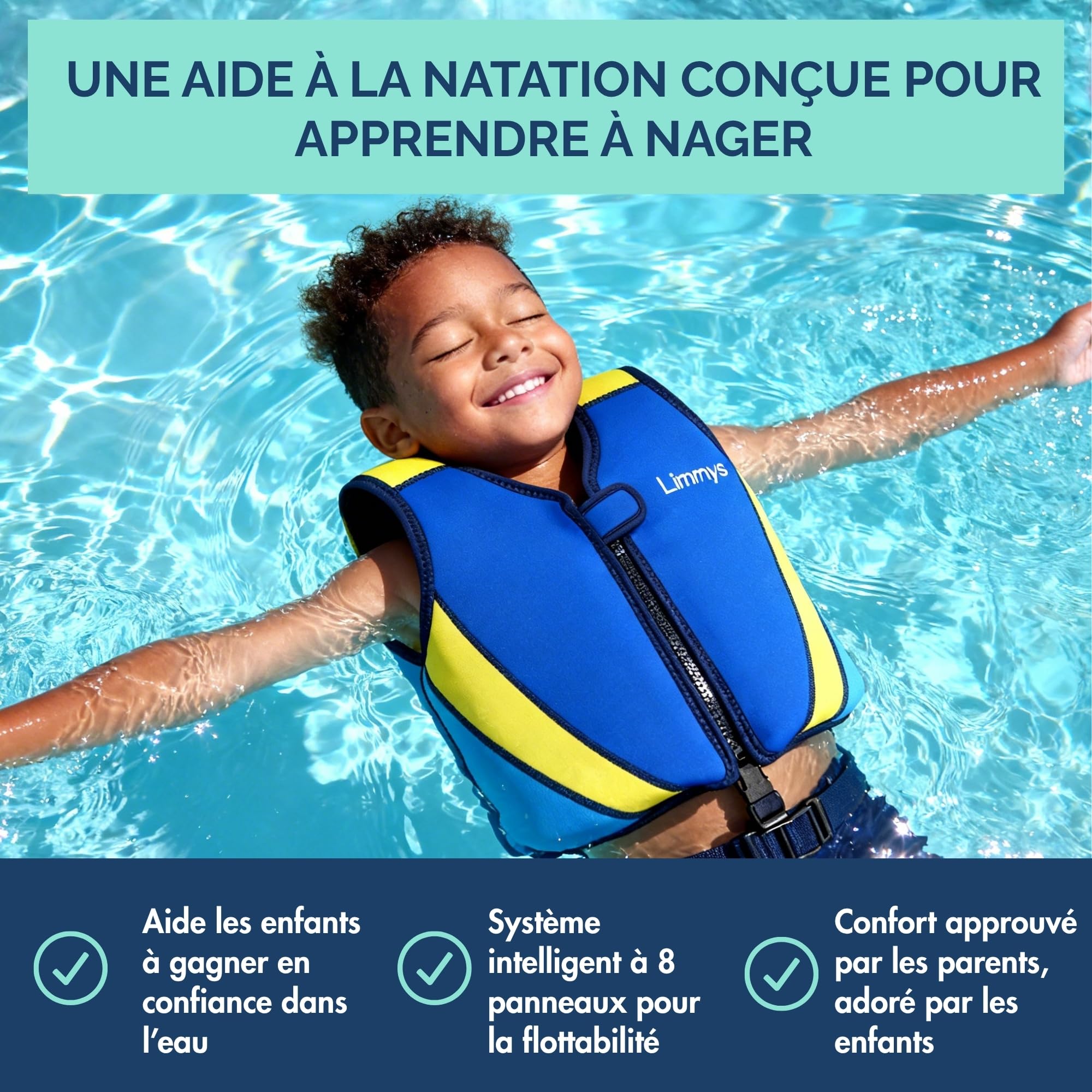 Limmys Gilet de Natation Enfants Aide Flottaison Réglable 8 Panneaux Néoprène Doux CE