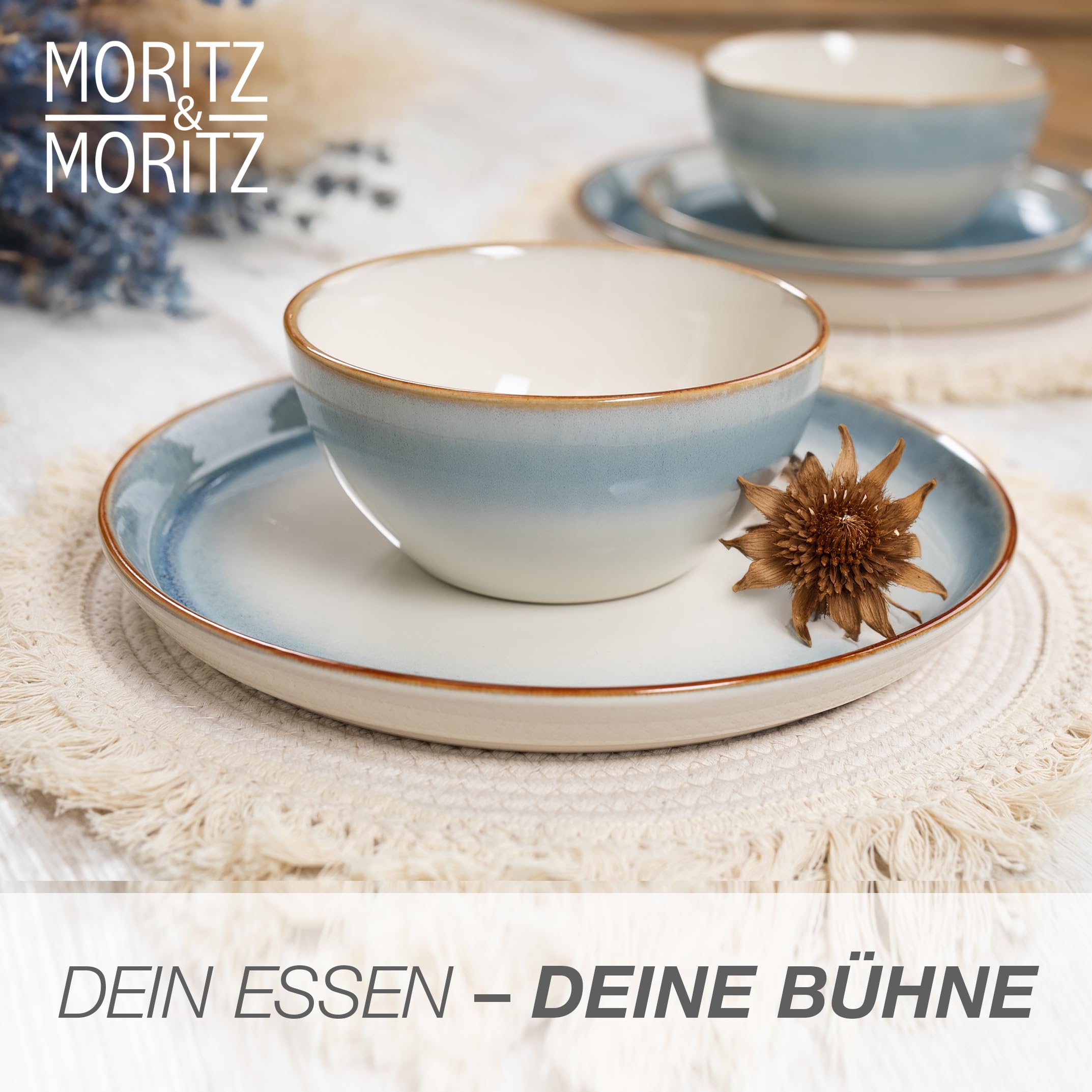 Moritz & Moritz TARENTO Service de table 24 pièces pour 6 personnes Bleu – Élégant ensemble d'assiettes en grès de qualité supérieure – Set de vaisselle composé de 6 assiettes à dîner, 6 assiettes à