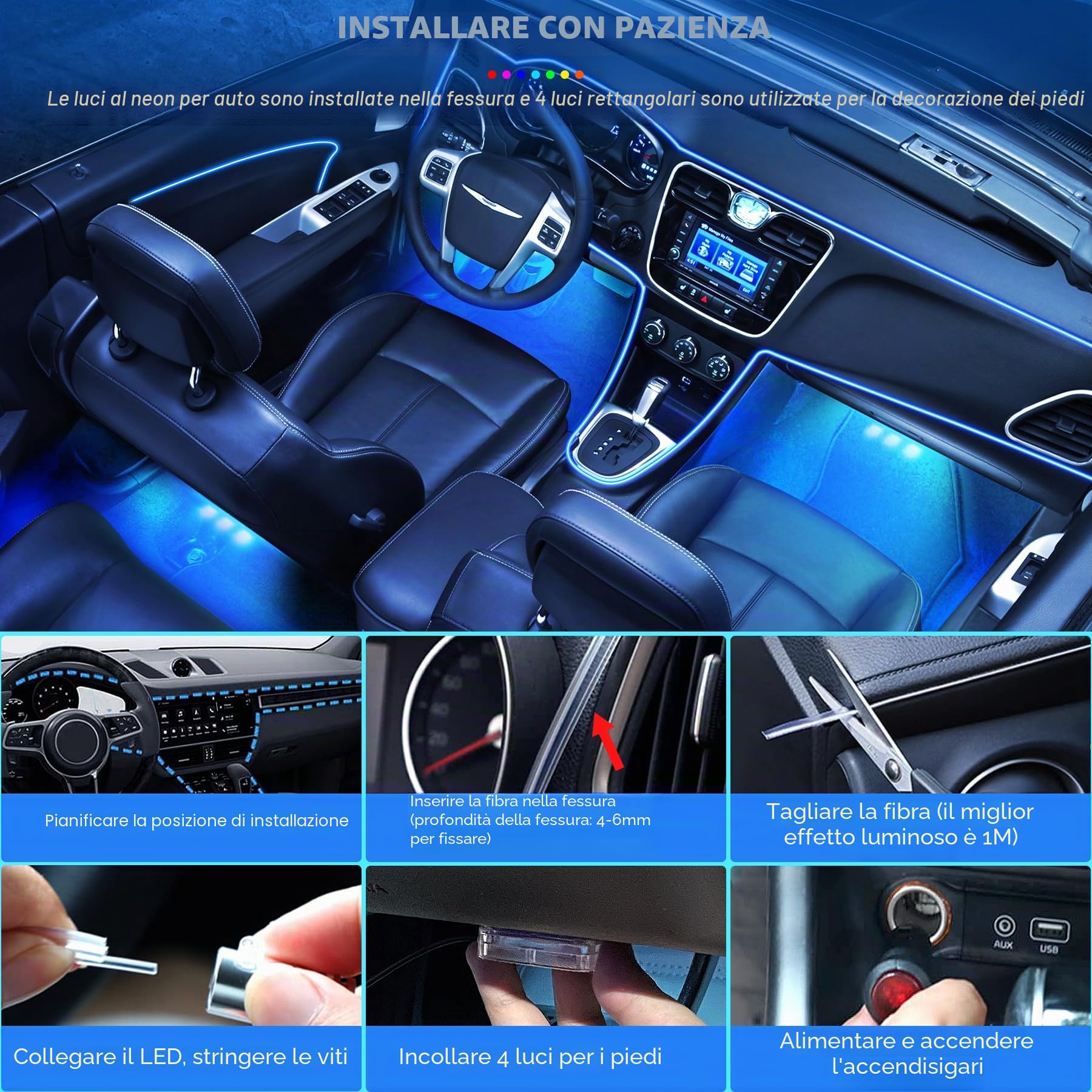 Illuminazione Interna per Auto 6,5m LED Striscia, 12V RGB Luci Neon d'Atmosfera Impermeabile, Controllabile con APP, Ambientale Musica e Illuminazione vano Piedi