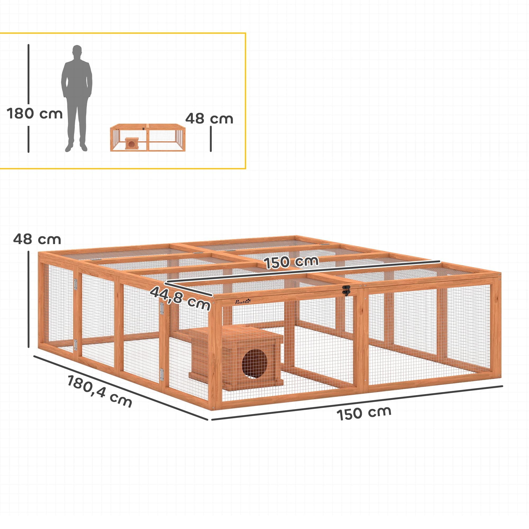 PawHut Freilaufgehege Kaninchenstall aus Holz mit 2 Türen 180,4 x 150 x 48 cm Hasenstall mit Unterschlupfhaus Freigehege für 2-4 Zwergkaninchen Zwergmeerschweinchen Enten Orange