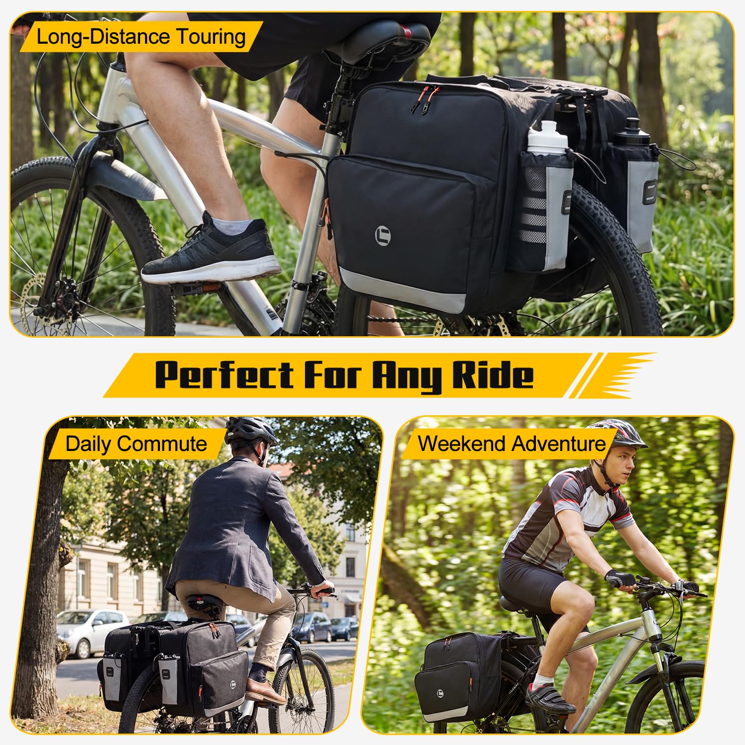 WOTOW Borsa da bici laterale - Borsa posteriore da 36L resistente all'acqua per portapacchi bici con strisce riflettenti e manici, borse da sella per bicicletta elettrica per ciclismo