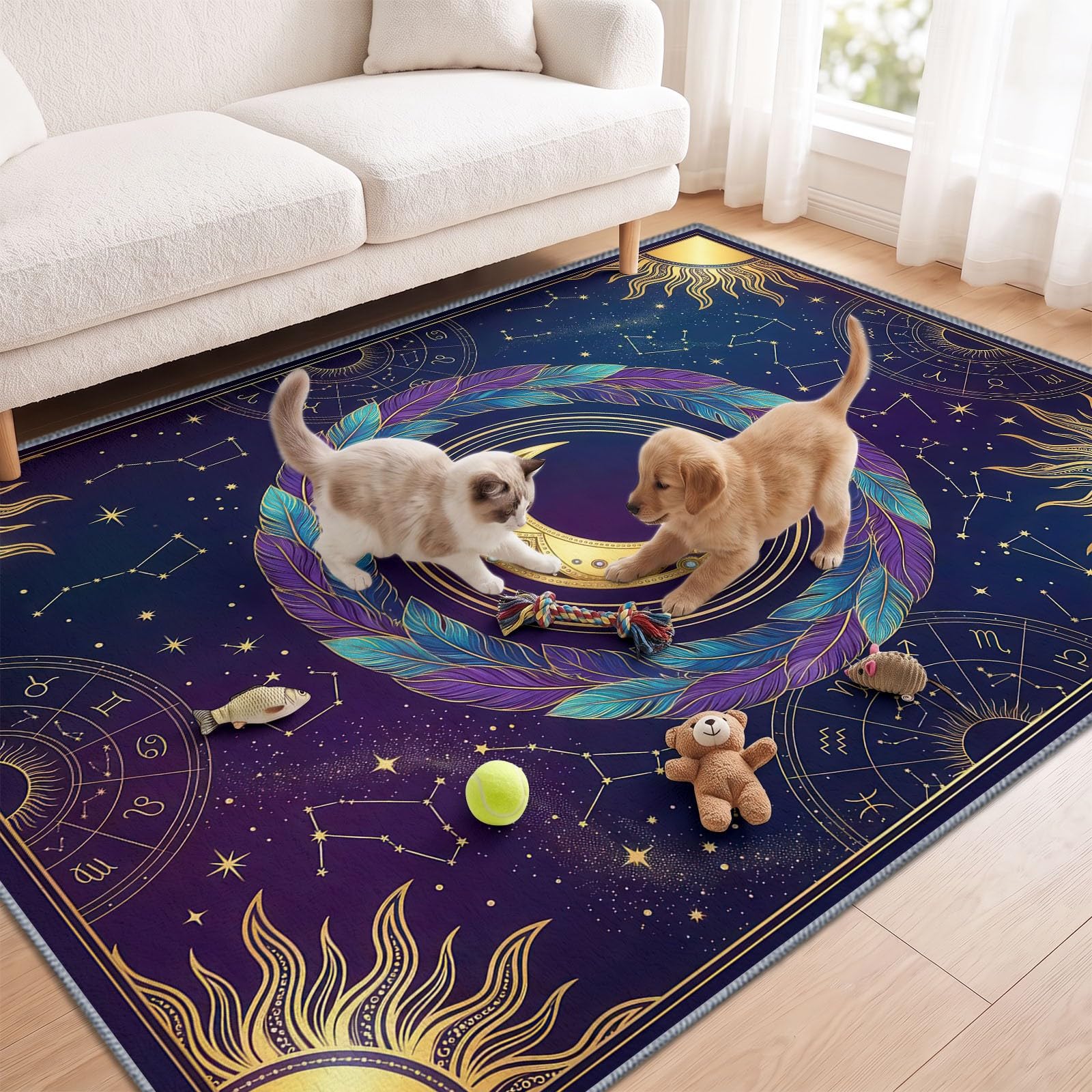 Générique Bohème Mystère Astrologie Tapis de Salon Lavable en Machine 200 x 300 cm Tapis antidérapant, Moquette Soleil Or Lune Plume Violette pour Le Salon, l'entrée, la Chambre et la Cuisine