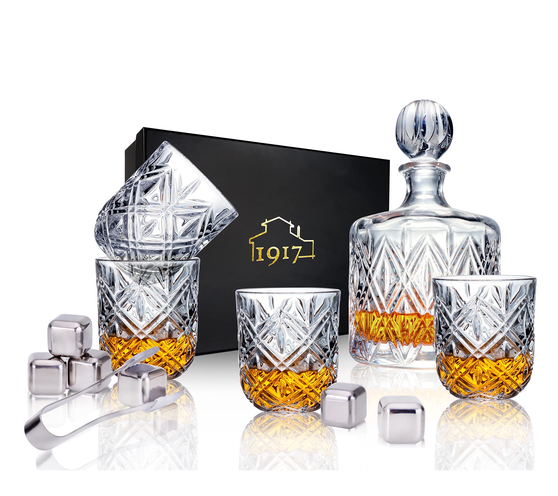 1917Crystal Whiskey Decanter Set for Men, Premium 37 Oz Decanter with 4 Whiskey Glasses, Whiskey Stones, Tongs - Classic Liquor Decanter for Scotch, Bourbon, Vodka, and More - Perfect for Home Bar