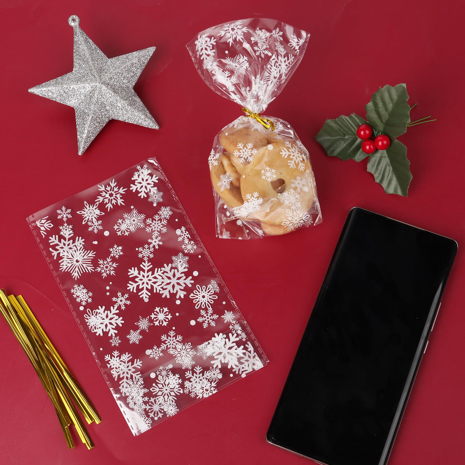 100 Bolsas De Celofán Navideñas 16x9.5 Cm - Transparentes Con Motivos De Nieve, Incluye Lazos Dorados