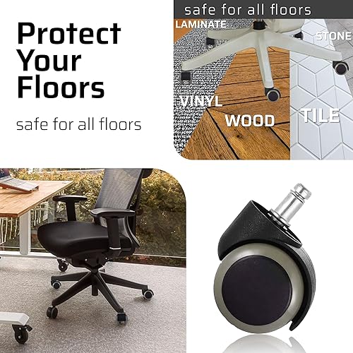 Miniatura 10 de FOH Juego de 5 ruedas para silla de oficina de 2 pulgadas, protección de suelo, ajuste universal, ruedas giratorias de tamaño estándar, ruedas de