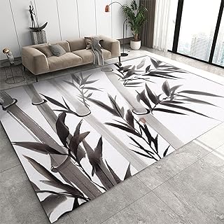 Ink Bamboo Area Rug, Black and White Bamboo Non Slip Carpet, Fade Resist...