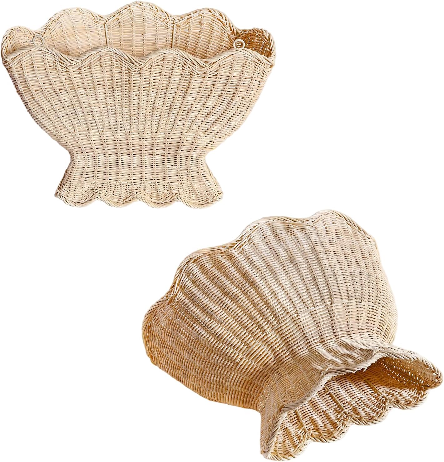 Scalloped Wicker Wall Basket,Scallop Hanging Rattan Basket for Organizing, Woven Plant Wall Decor Art, Wall Mounted Basket, Hanging Storage Basket for Front Door and Home (Natural)