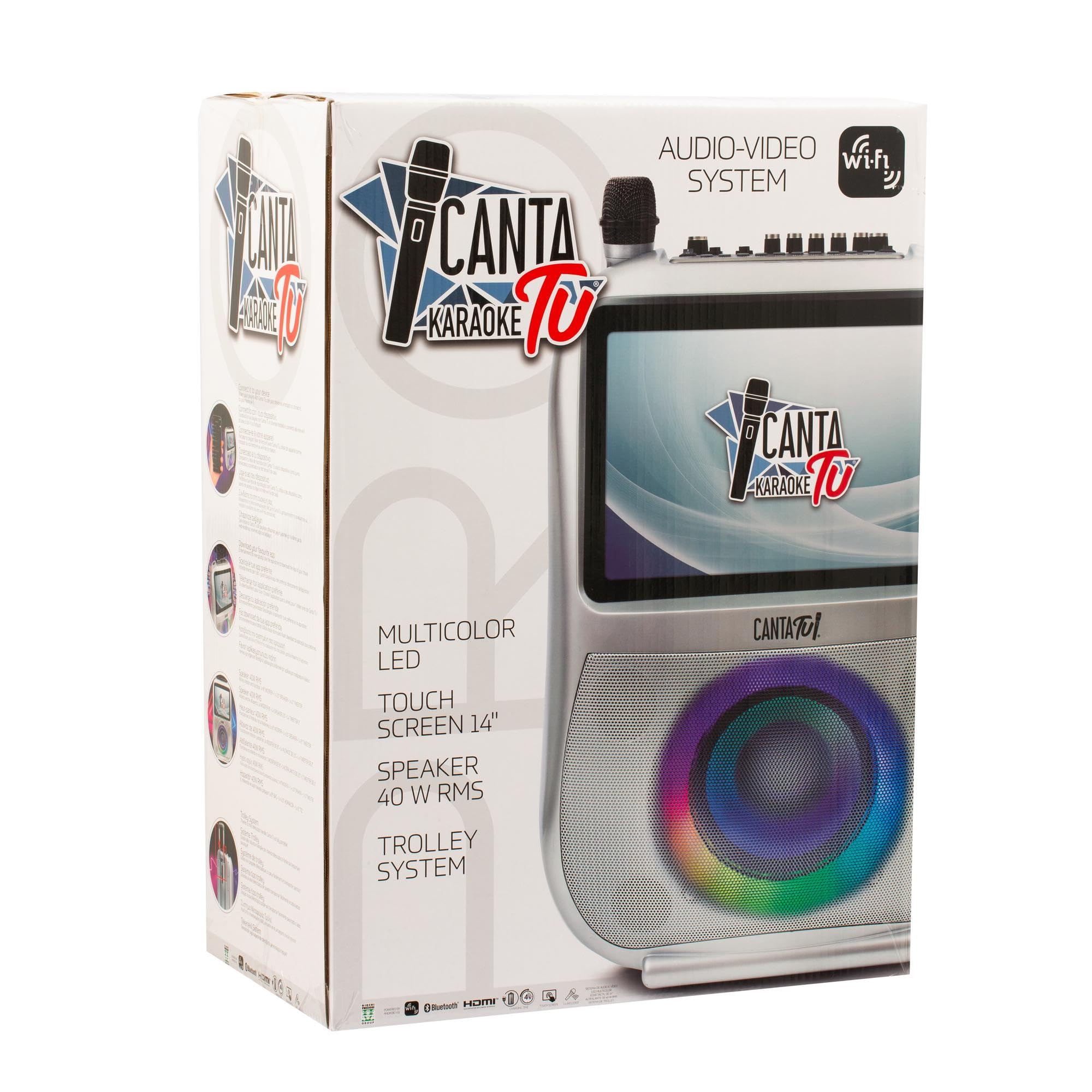 CANTA TU KARAOKE - PRO 2023 Professionale Completo con Microfono Wireless, Display Touch, Connessione Wi-Fi, Effetti Vocali, Luci LED, Batteria Ricaricabile, Voice Changer, Argento