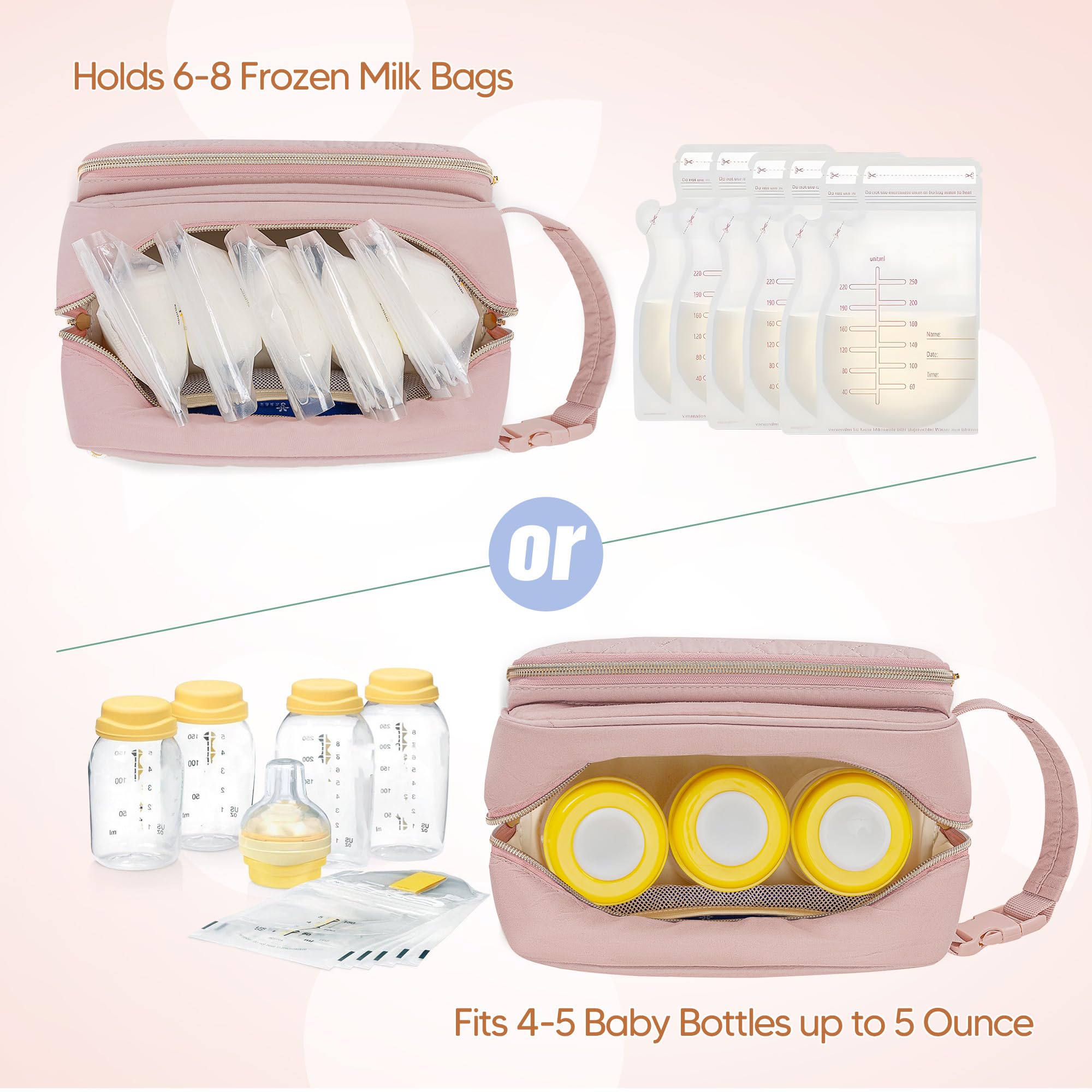 Damero Borsa Termica per Latte Materno con 4 Pacchetti di Ghiaccio, Borsa Termica per Biberon di Latte Materno per Biberon da Viaggio per Madre Che Allatta, Rosa