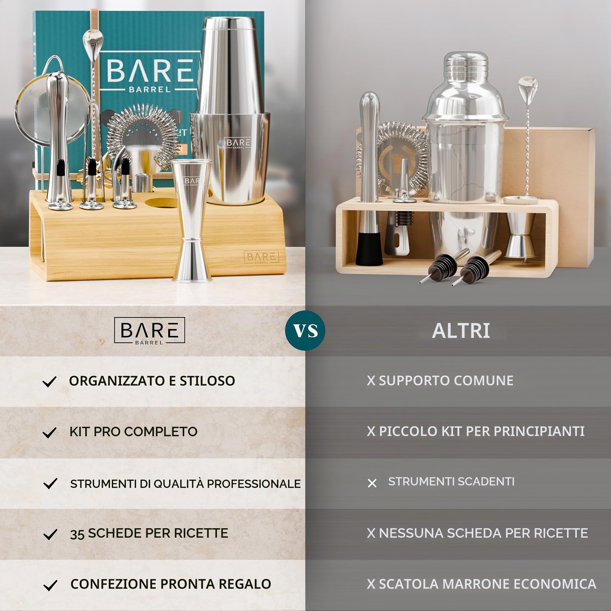 Kit cocktail Pro | Kit Bartender Mixology | Set di shaker per cocktail da 14 pezzi, accessori Martini Home Bartending Bar | incl. 35 schede per ricette, set regalo (Shaker Boston da 800 ml/28 oz
